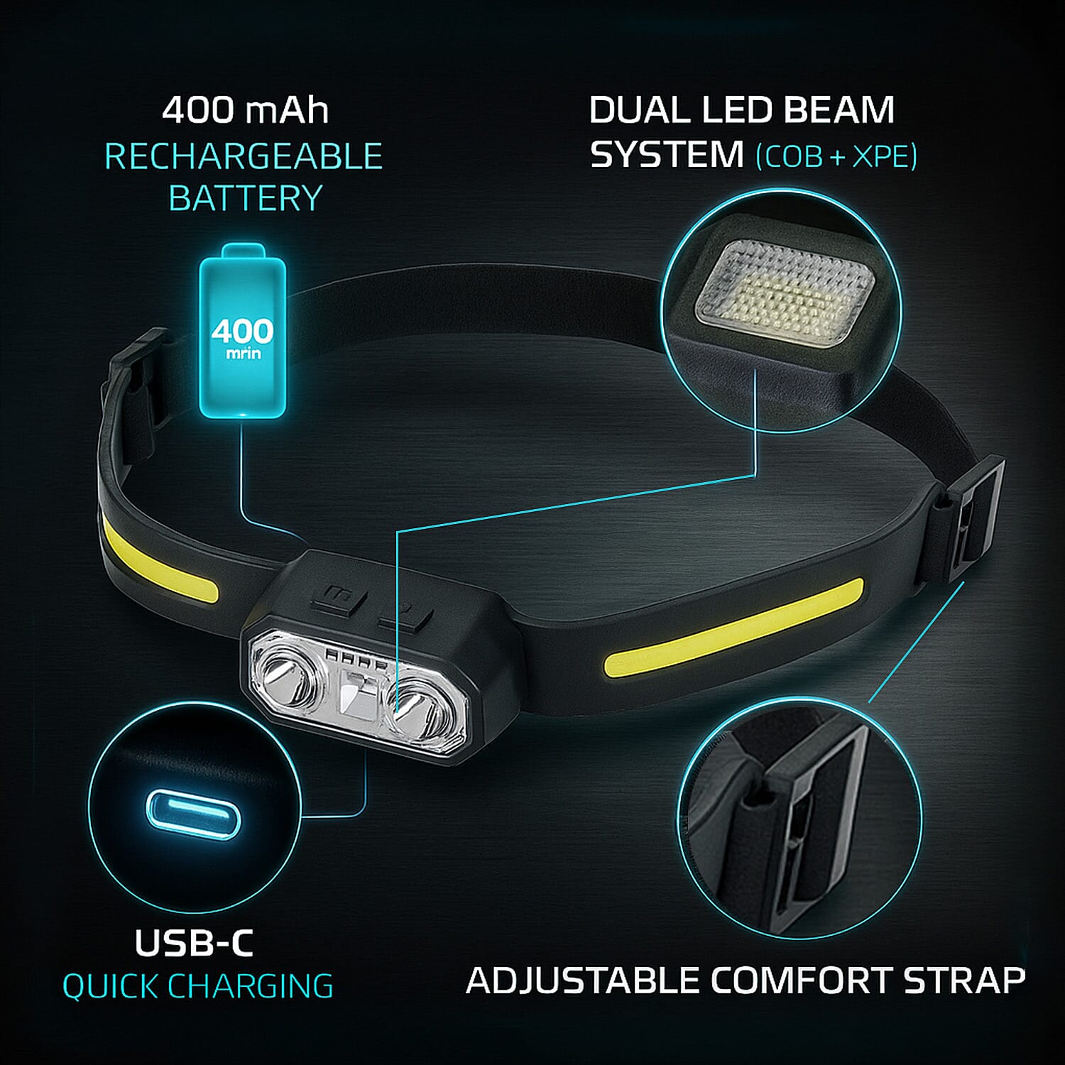 Head Lamp Rechargeable - 6 Modes - One Size - Black
