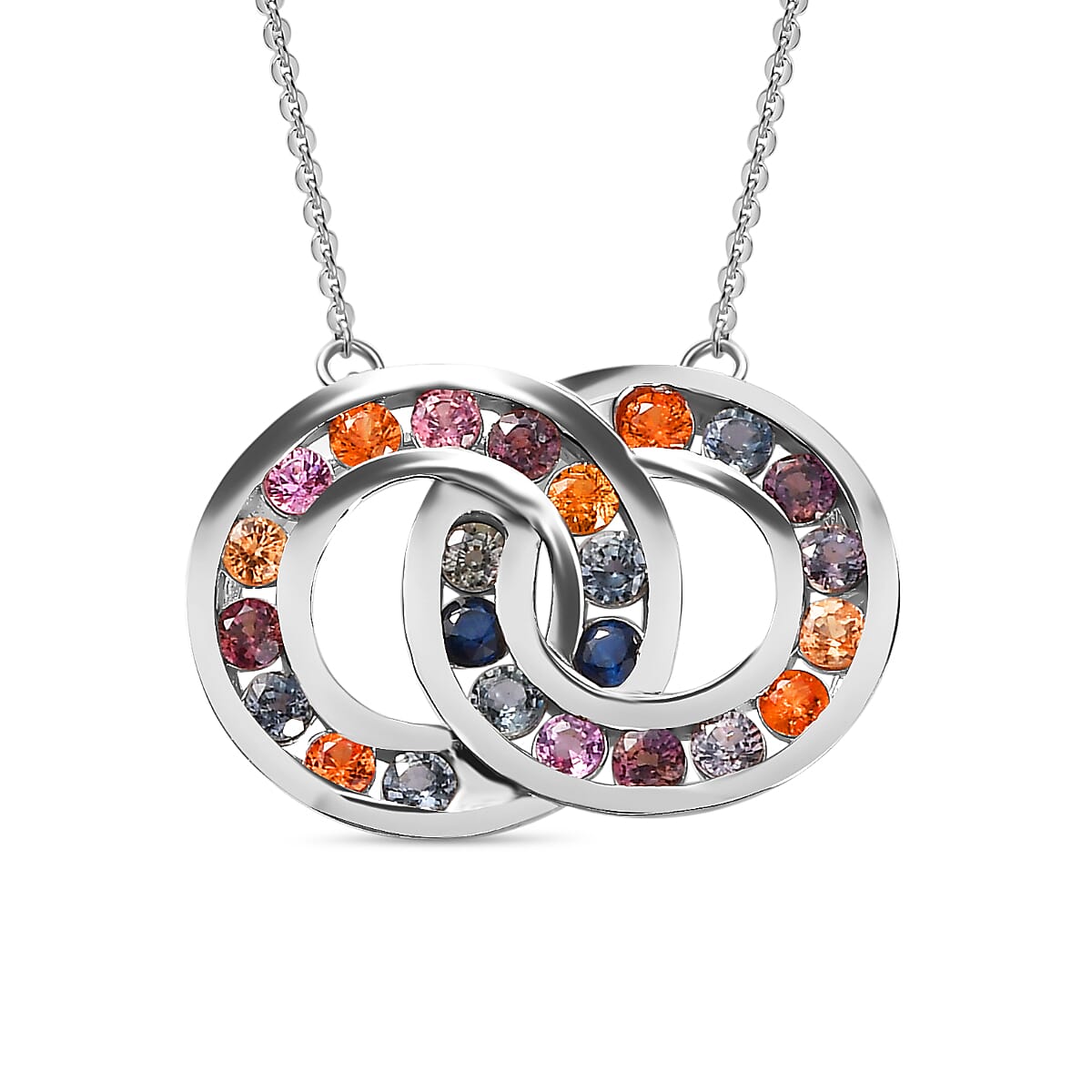 Multi Sapphire Circular Necklace With Lobaster Clasp (Size - 20) in Rhodium Overlay Sterling Silver 2.16 Ct,