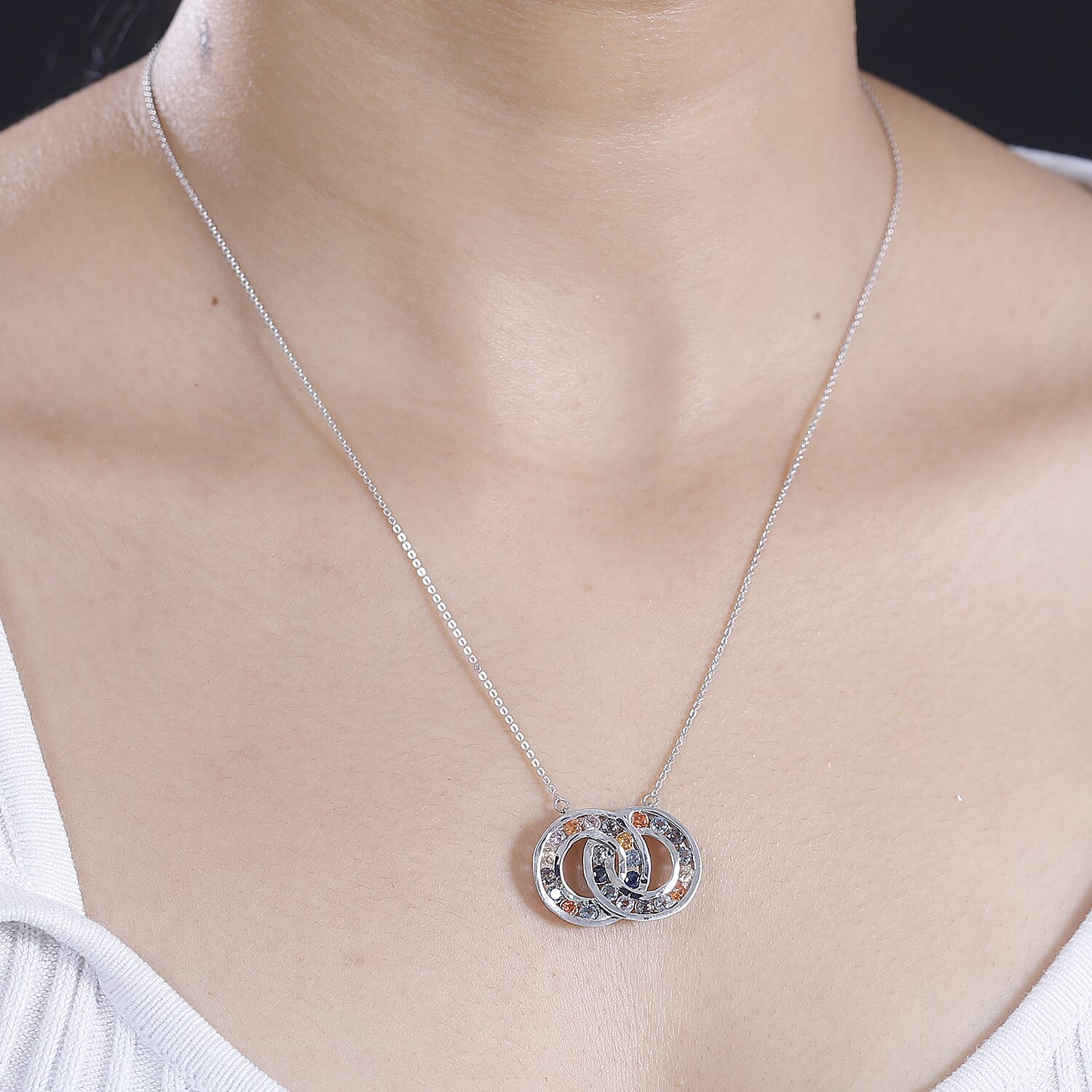 Multi Sapphire Circular Necklace With Lobaster Clasp (Size - 20) in Rhodium Overlay Sterling Silver 2.16 Ct,