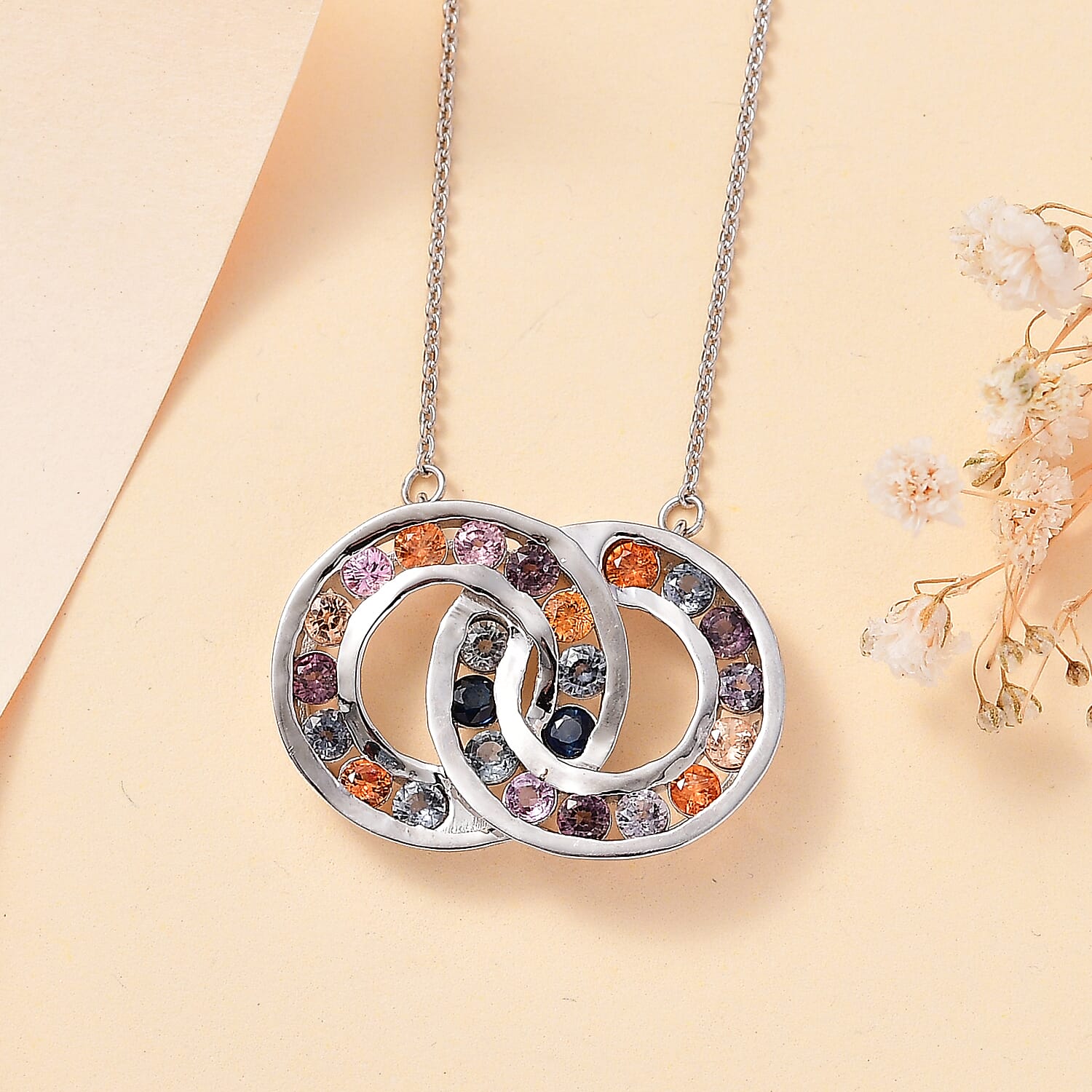 Multi Sapphire Circular Necklace With Lobaster Clasp (Size - 20) in Rhodium Overlay Sterling Silver 2.16 Ct,