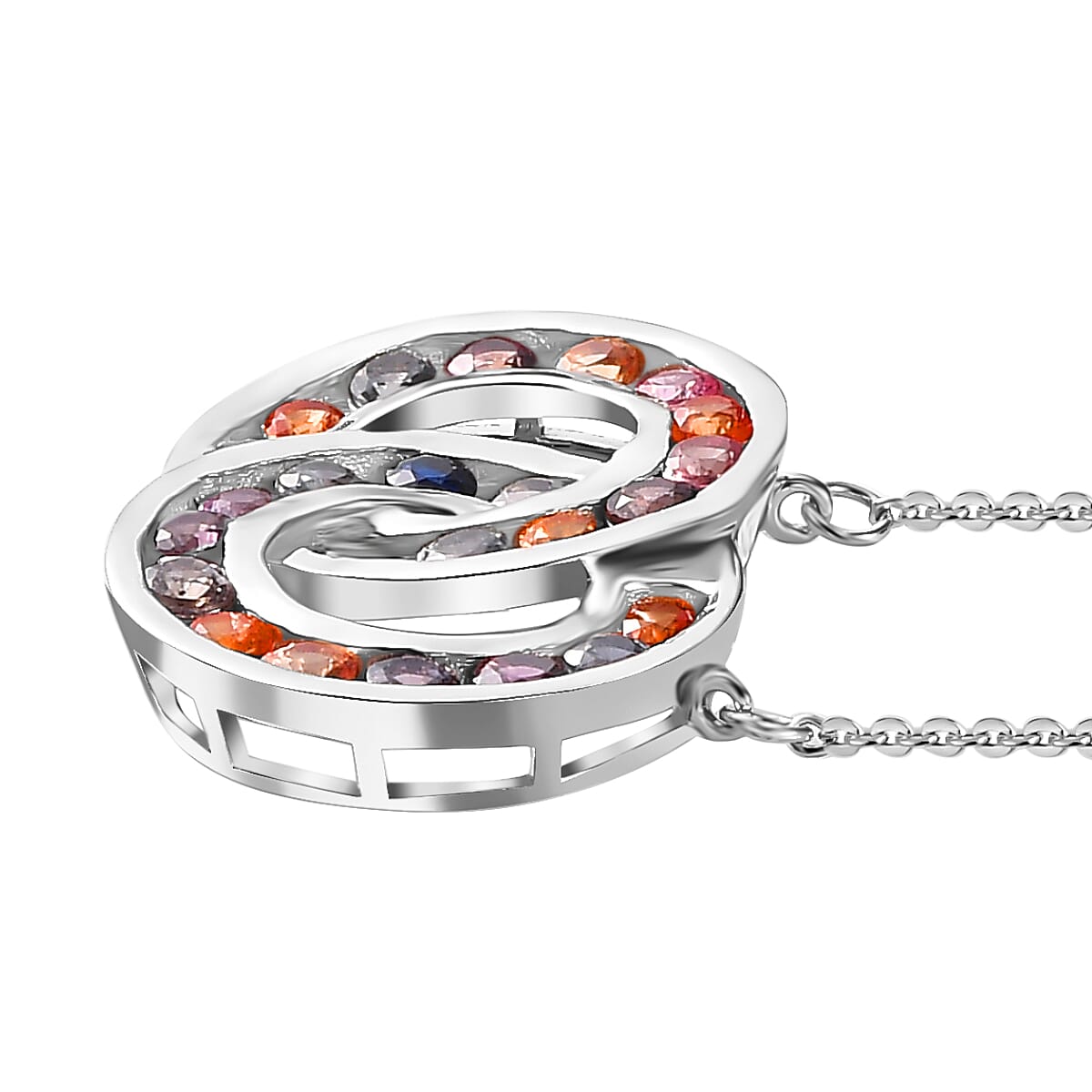 Multi Sapphire Circular Necklace With Lobaster Clasp (Size - 20) in Rhodium Overlay Sterling Silver 2.16 Ct,