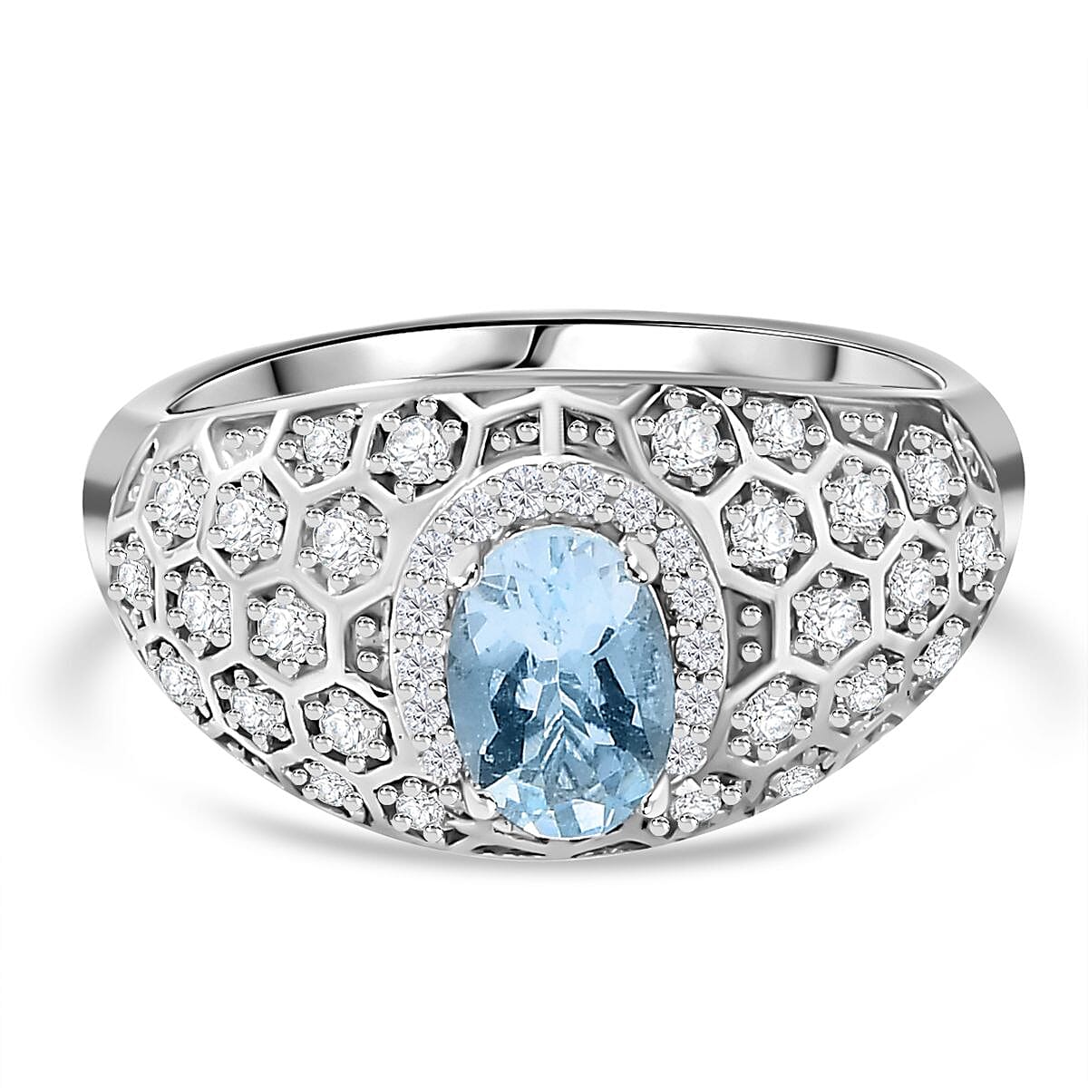 Aquamarine White Zircon Dome Ring in Rhodium Overlay Sterling Silver 7814970 TJC