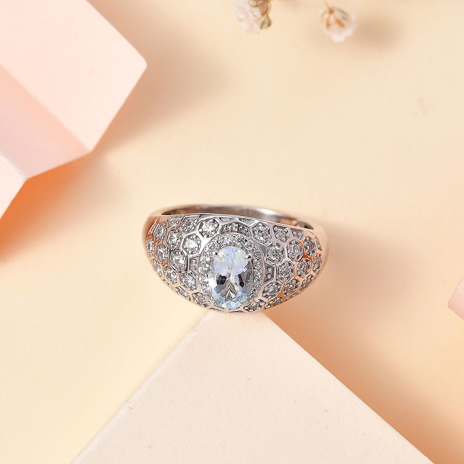 Aquamarine ,  White Zircon  Dome Ring in rhodium Sterling Silver 1.39 ct  1.307  Ct.