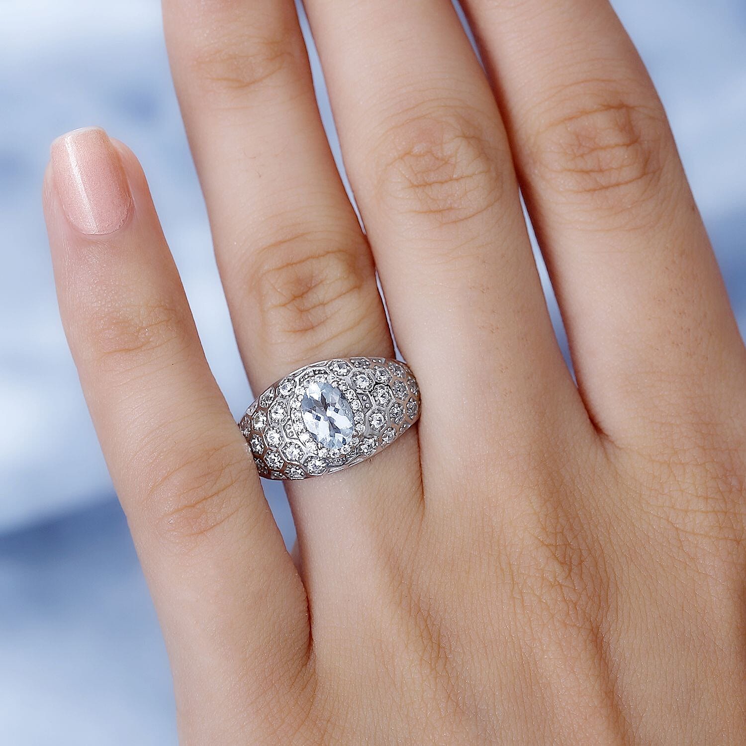 Aquamarine ,  White Zircon  Dome Ring in rhodium Sterling Silver 1.39 ct  1.307  Ct.