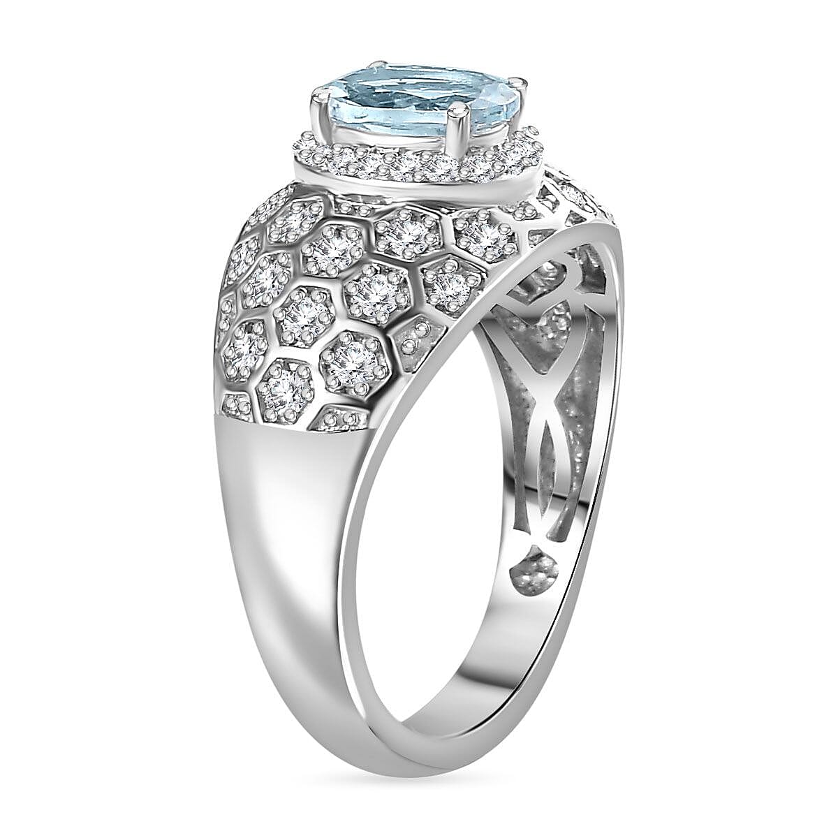 Aquamarine ,  White Zircon  Dome Ring in rhodium Sterling Silver 1.39 ct  1.307  Ct.