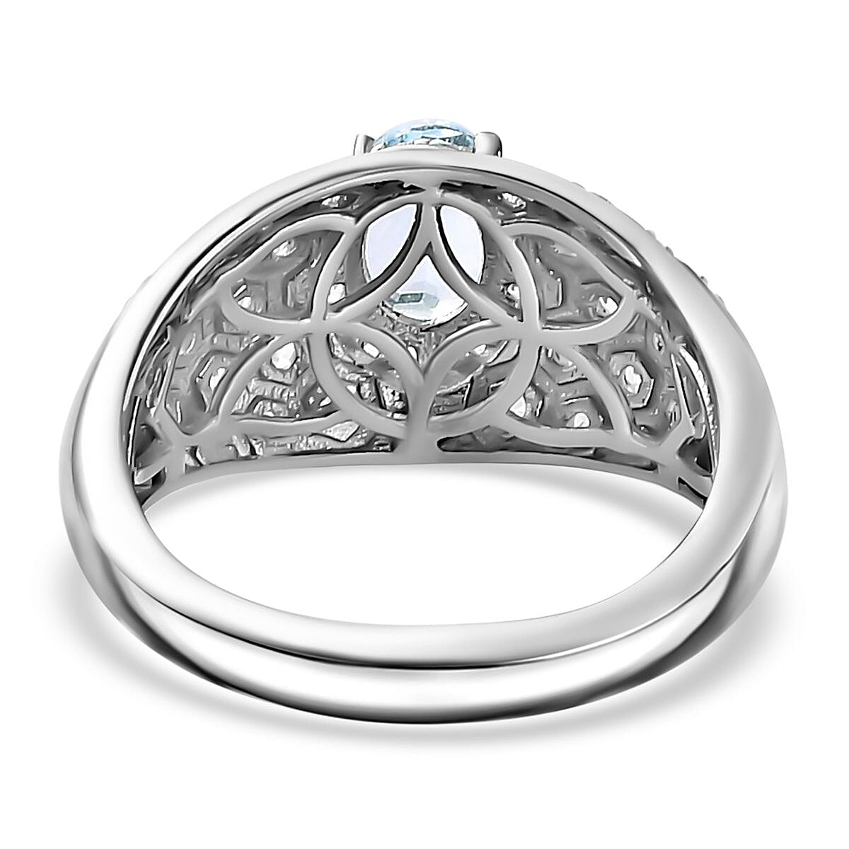 Aquamarine ,  White Zircon  Dome Ring in rhodium Sterling Silver 1.39 ct  1.307  Ct.