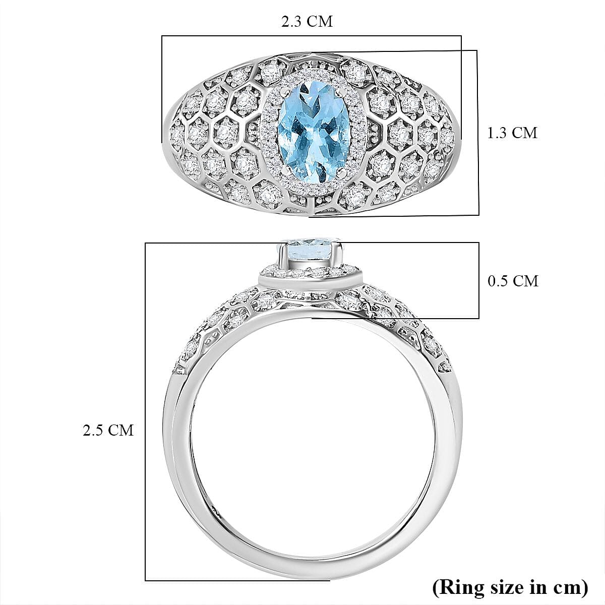 Aquamarine ,  White Zircon  Dome Ring in rhodium Sterling Silver 1.39 ct  1.307  Ct.