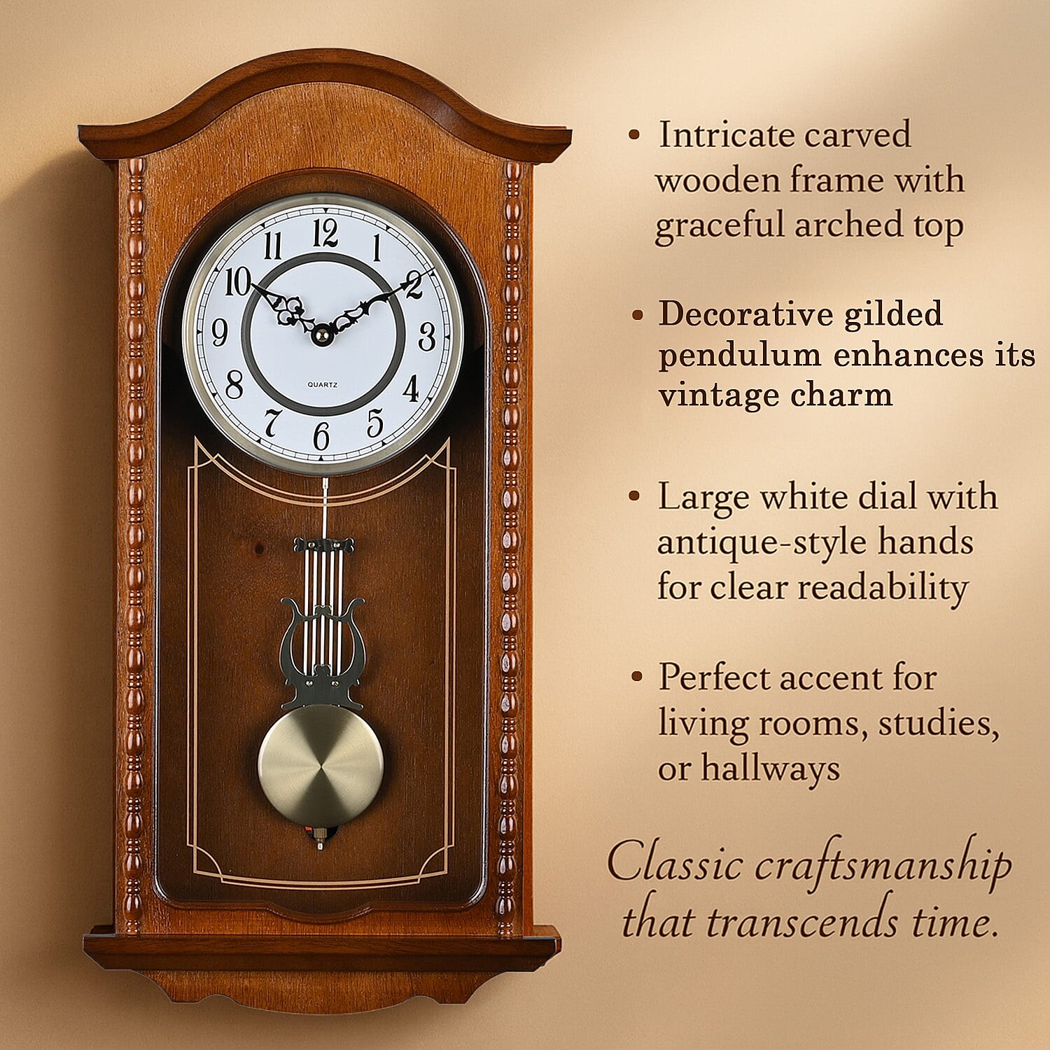 Last in Stock - Vintage Home Decor Luxury Range - Antique Style Wooden Carriage Clock with Swinging Pendulum  (Size 27x56x1 cm) - Brown