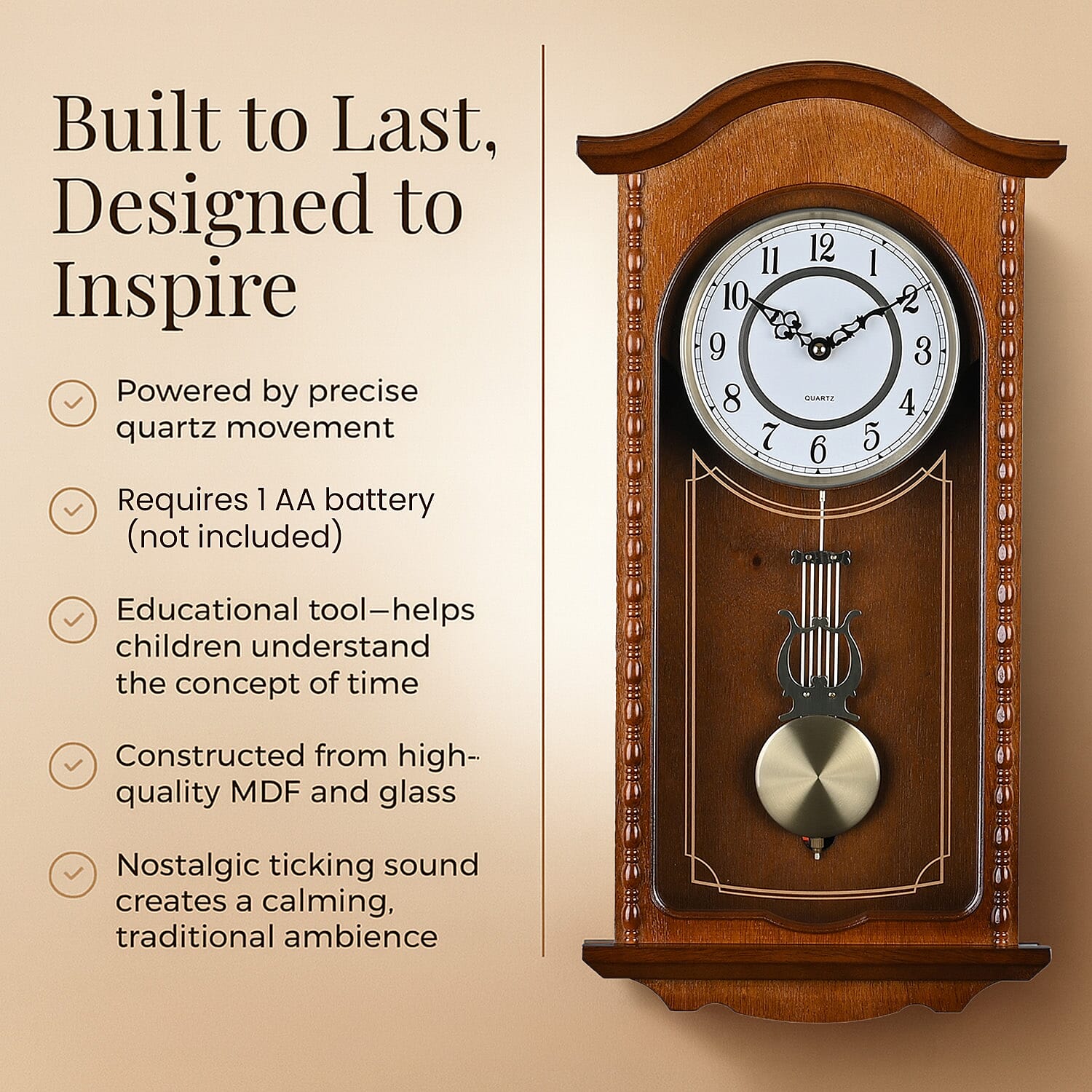 Last in Stock - Vintage Home Decor Luxury Range - Antique Style Wooden Carriage Clock with Swinging Pendulum  (Size 27x56x1 cm) - Brown