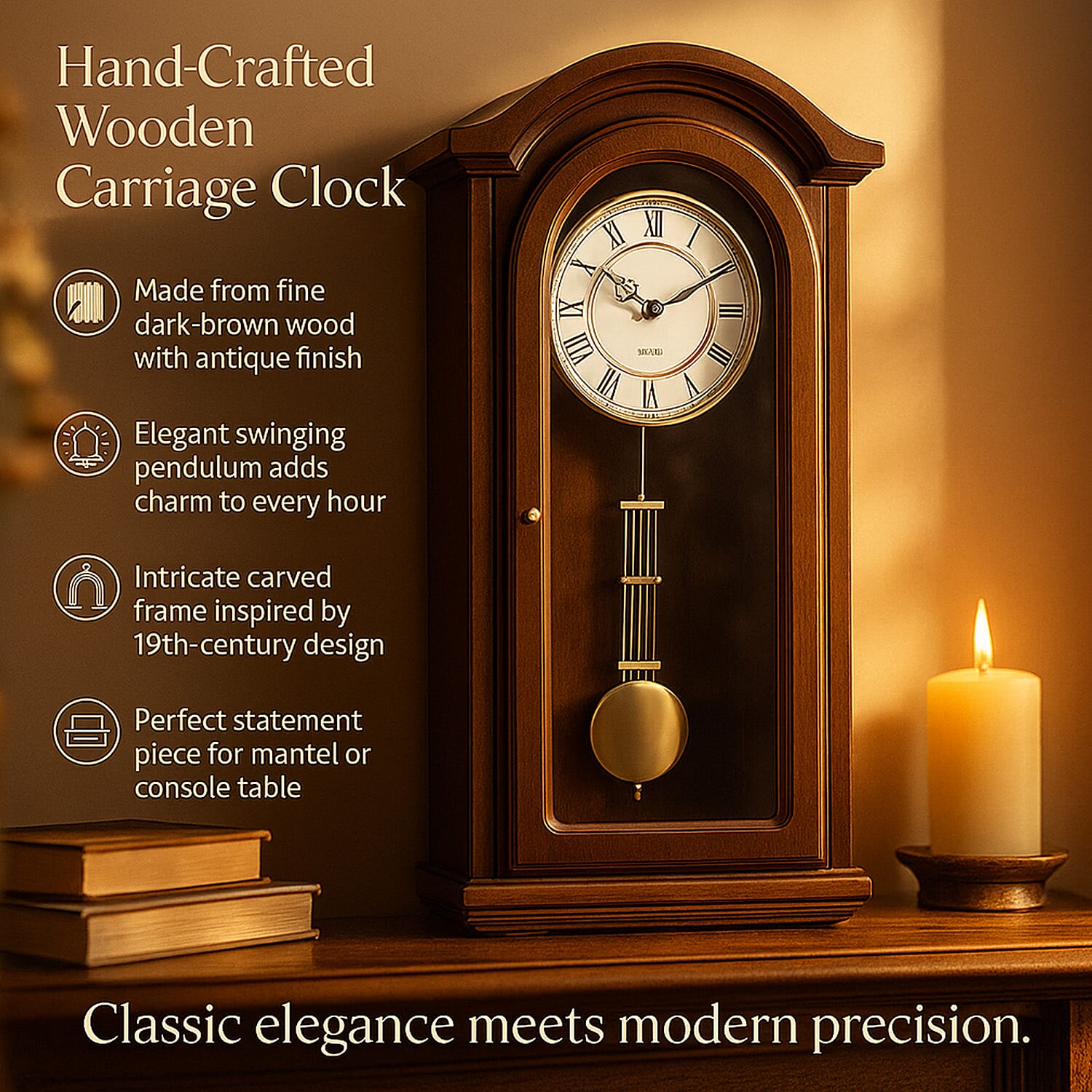 Vintage Home Decor Luxury Range - Antique Style Wooden Carriage Clock with Swinging Pendulum  (Size 27x56x1 cm) - Dark Brown