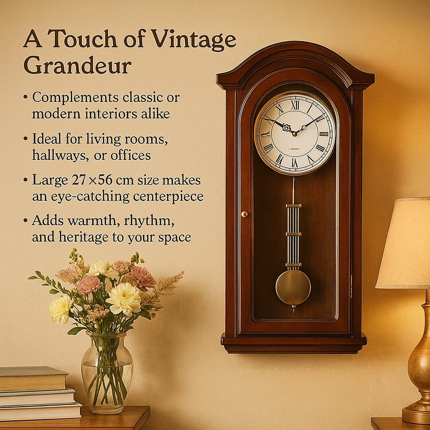 Vintage Home Decor Luxury Range - Antique Style Wooden Carriage Clock with Swinging Pendulum  (Size 27x56x1 cm) - Dark Brown