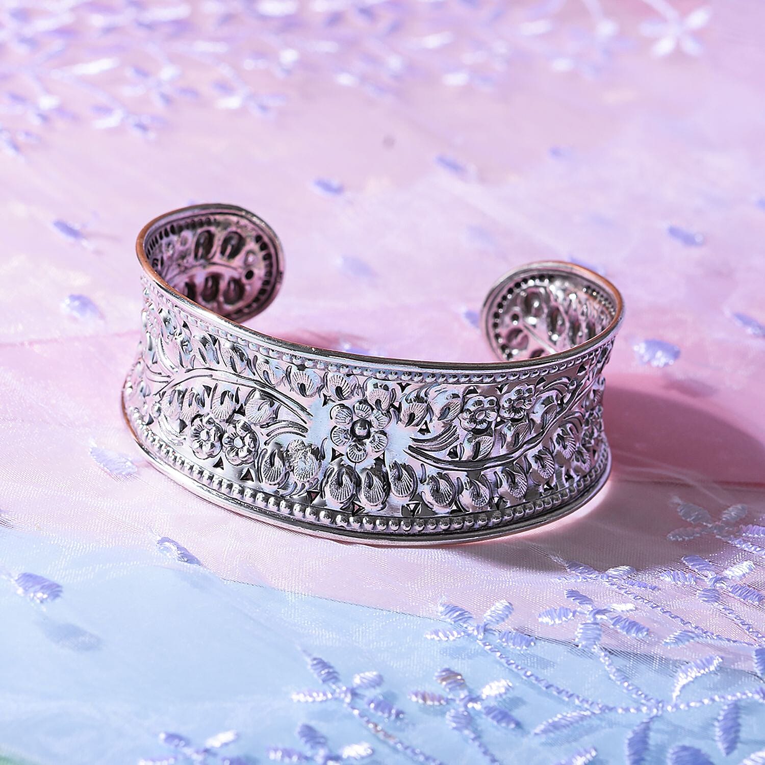 Royal Bali Collection - Sterling Silver Vintage Design Floral Bangle, Silver Wt. 28.00 Gms.- Limited Stock