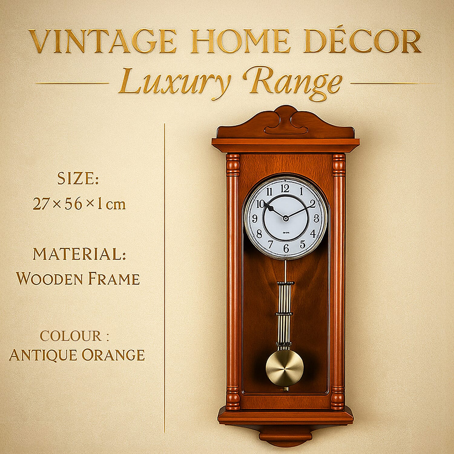 Last in Stock - Vintage Home Decor Luxury Range - Antique Style Wooden Carriage Clock with Swinging Pendulum  (Size 27x56x1 cm) - Orange