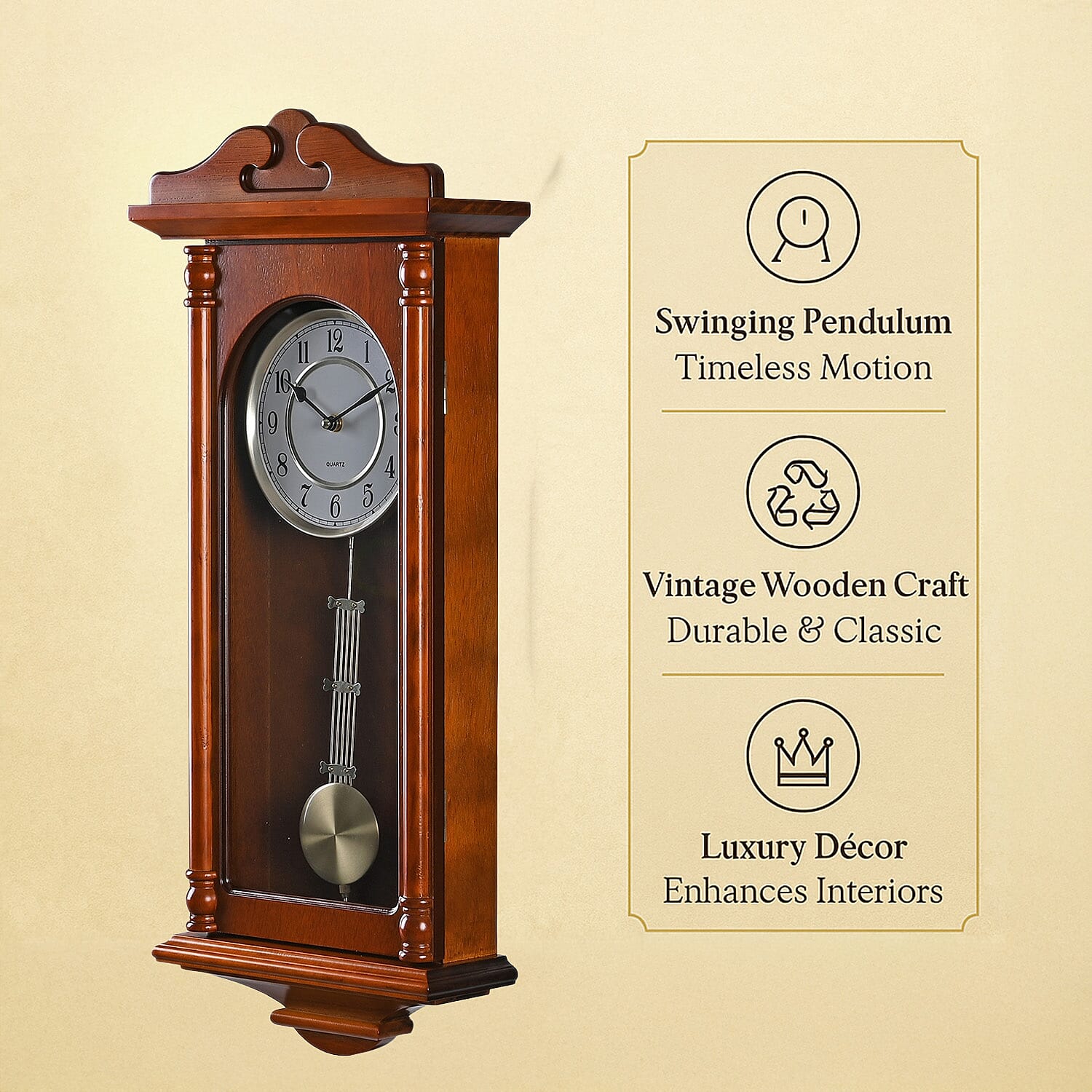 Last in Stock - Vintage Home Decor Luxury Range - Antique Style Wooden Carriage Clock with Swinging Pendulum  (Size 27x56x1 cm) - Orange