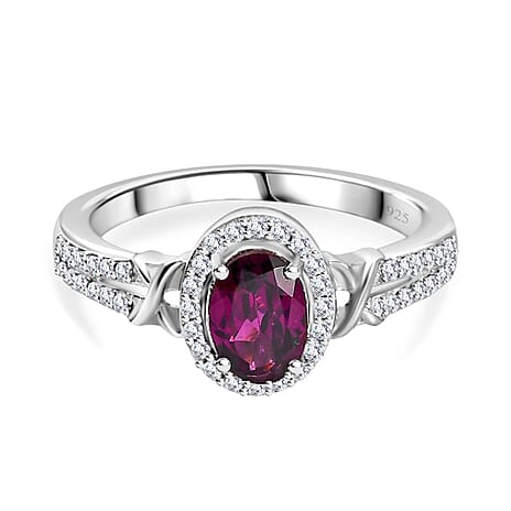 Natural Ember Garnet, Natural White Zircon Ring in Rhodium Overlay Sterling Silver 1.83 ct