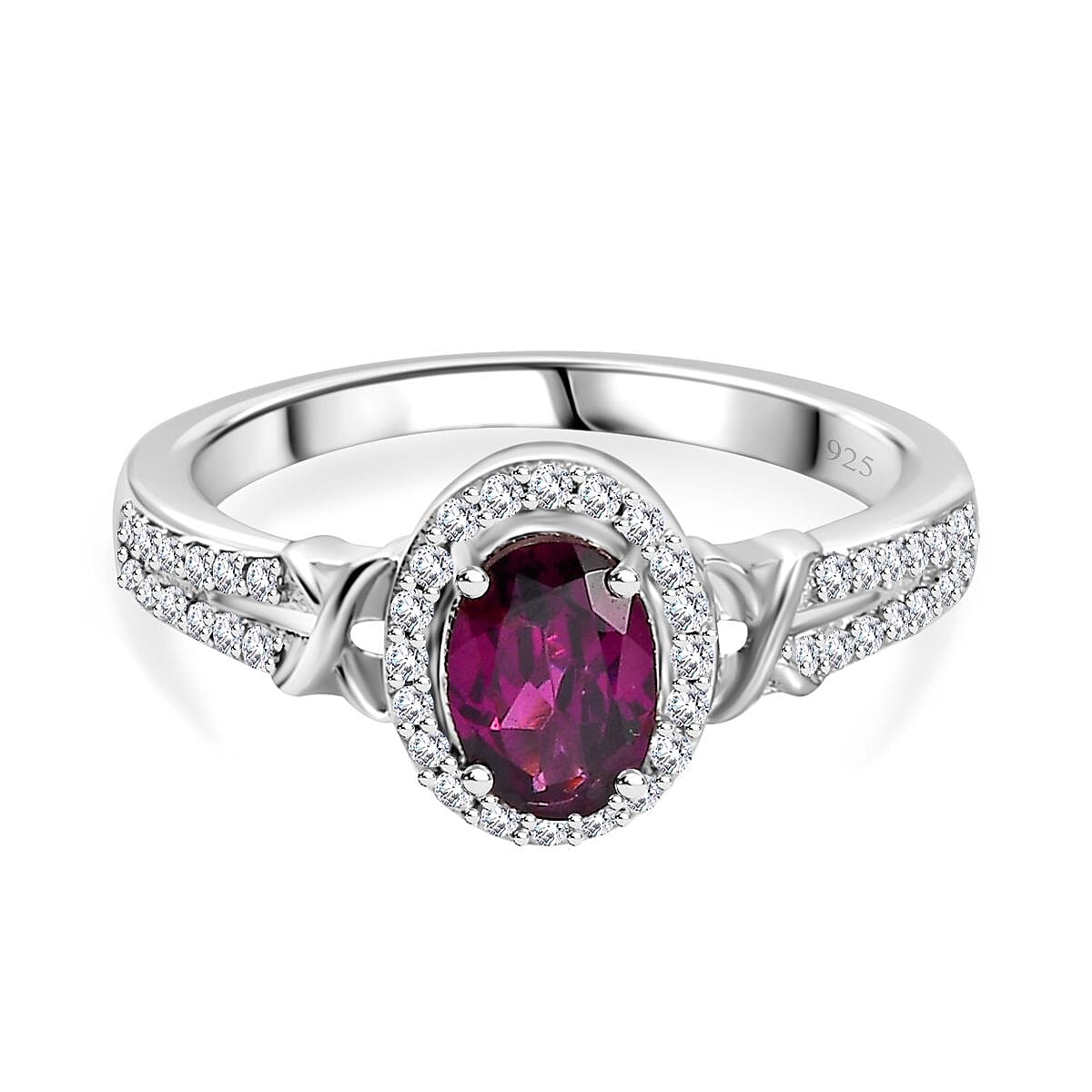 Natural Ember Garnet, Natural White Zircon Halo Ring in Rhodium Overlay Sterling Silver