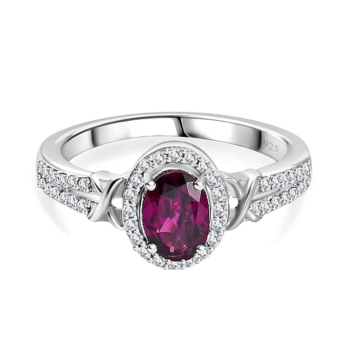 Natural Ember Garnet, Natural White Zircon Halo Ring in Rhodium Overlay Sterling Silver