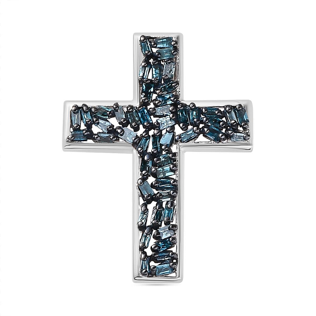 Blue Diamond Cross Pendant in Rhodium Overlay Sterling Silver