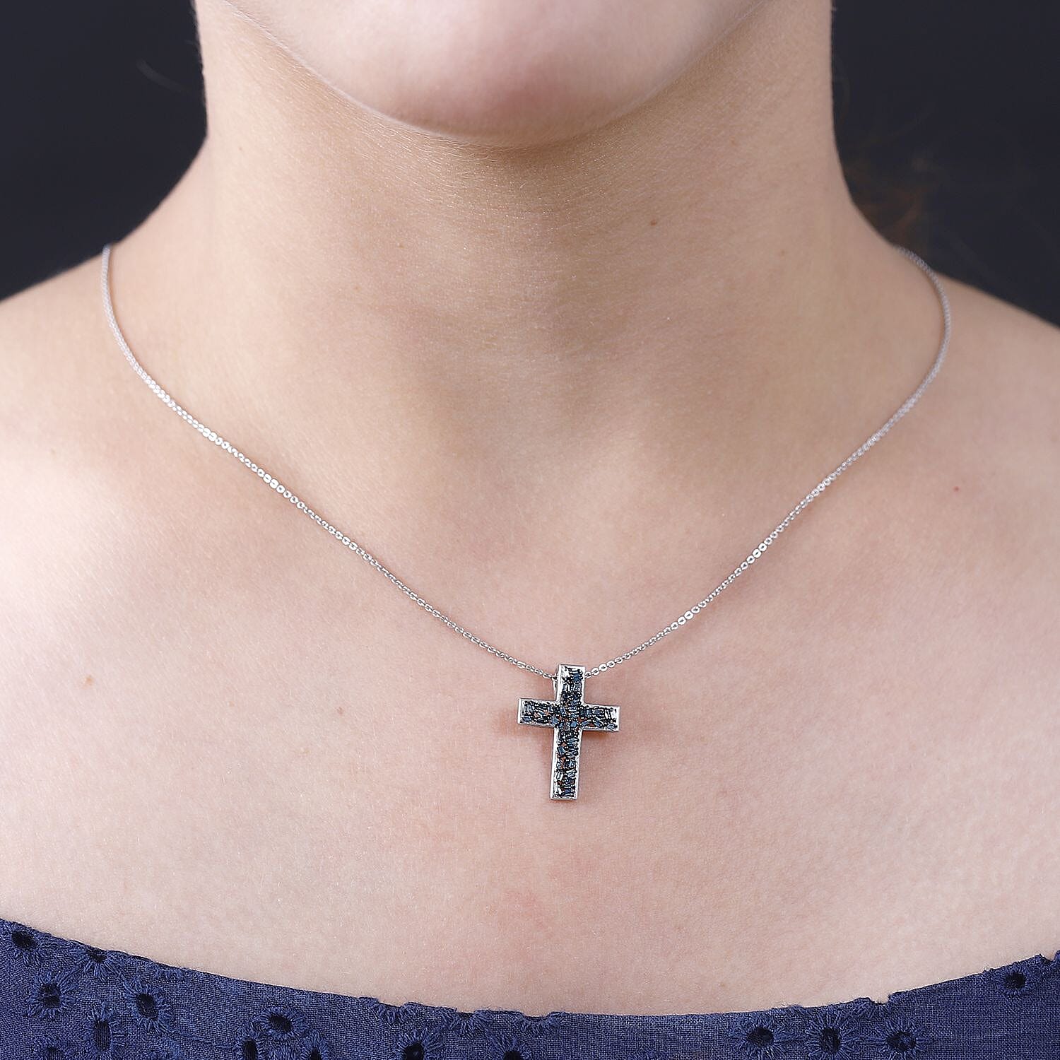 Designer Inspired Closeout - Blue Diamond Cross Pendant in Rhodium Overlay Sterling Silver 0.25 ct