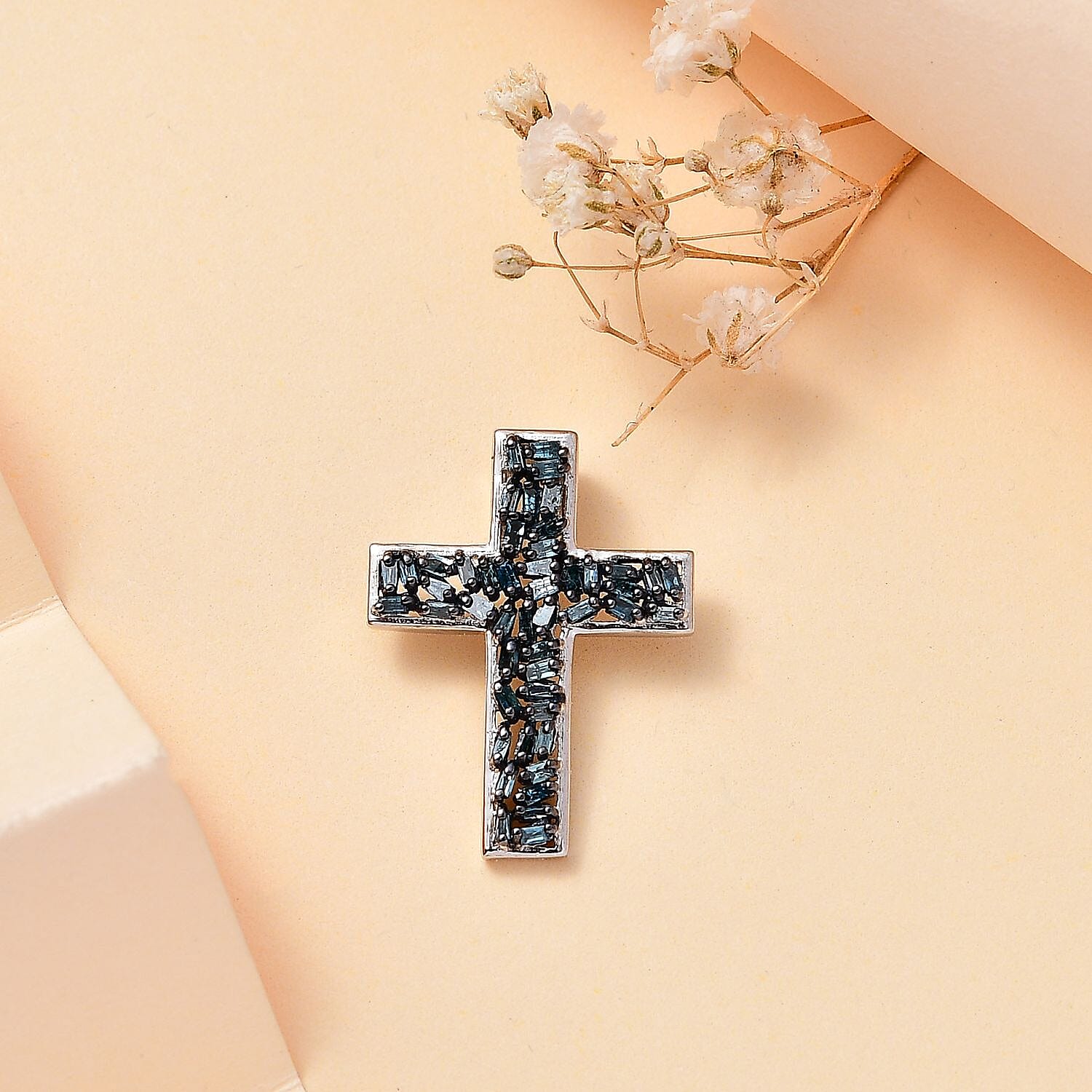 Designer Inspired Closeout - Blue Diamond Cross Pendant in Rhodium Overlay Sterling Silver 0.25 ct