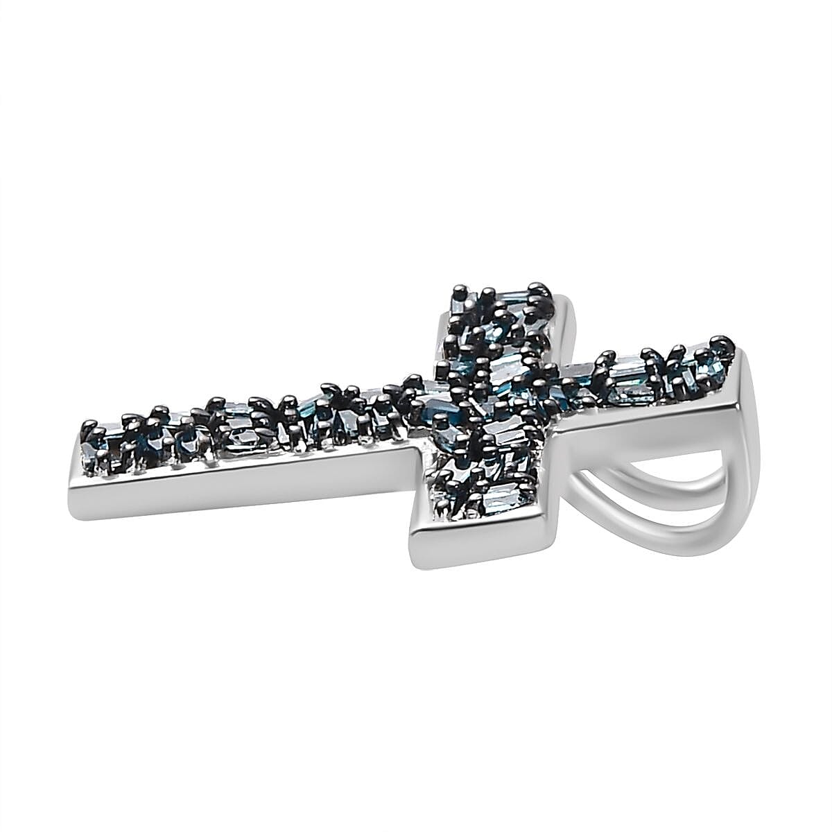 Designer Inspired Closeout - Blue Diamond Cross Pendant in Rhodium Overlay Sterling Silver 0.25 ct