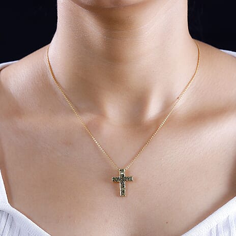 Designer Inspired Closeout - Green Diamond  Cross Pendant in 18K YG Vermeil Sterling Silver 0.25 ct