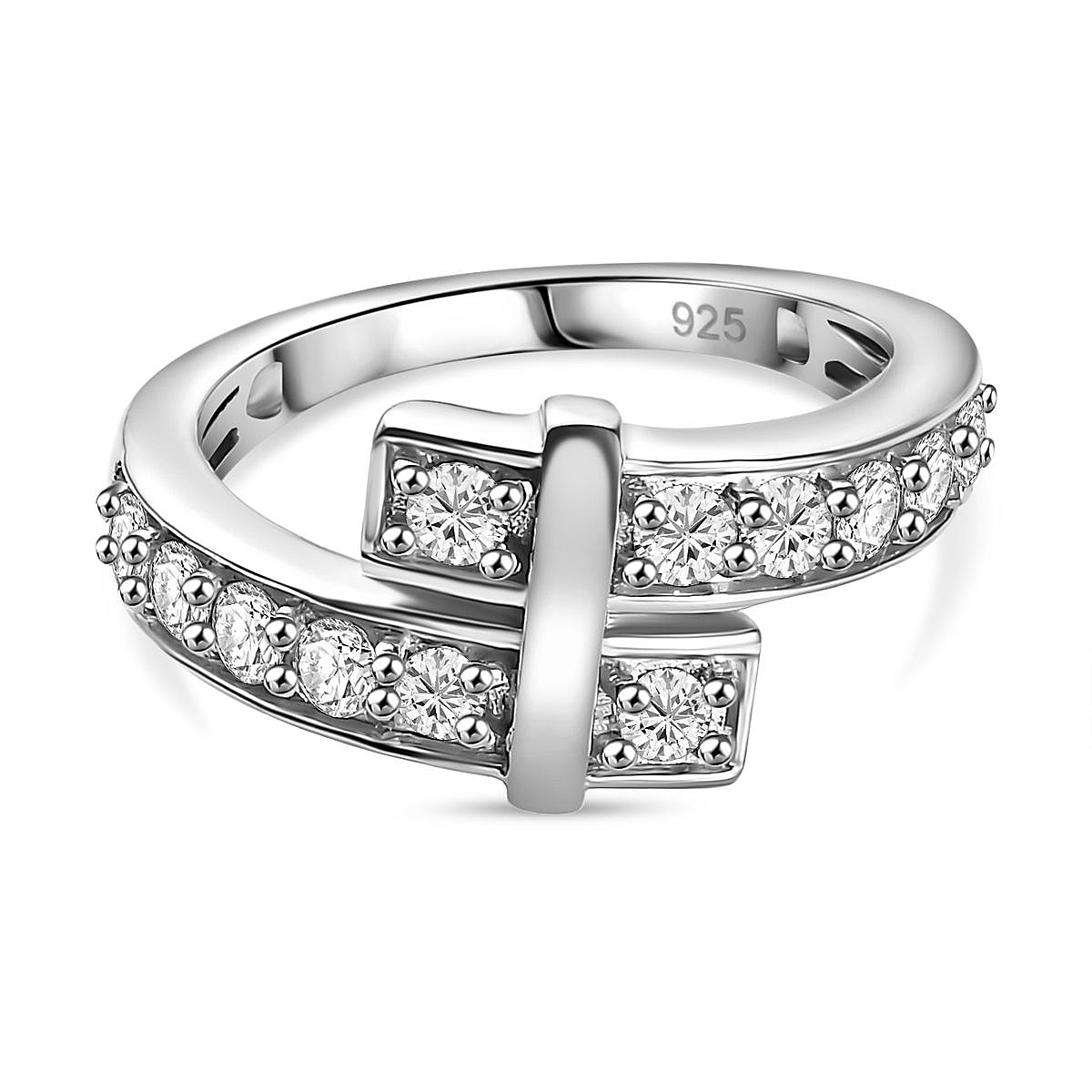Moissanite Bypass Ring in Rhodium Overlay & 18K YG Vermeil Plated Sterling Silver