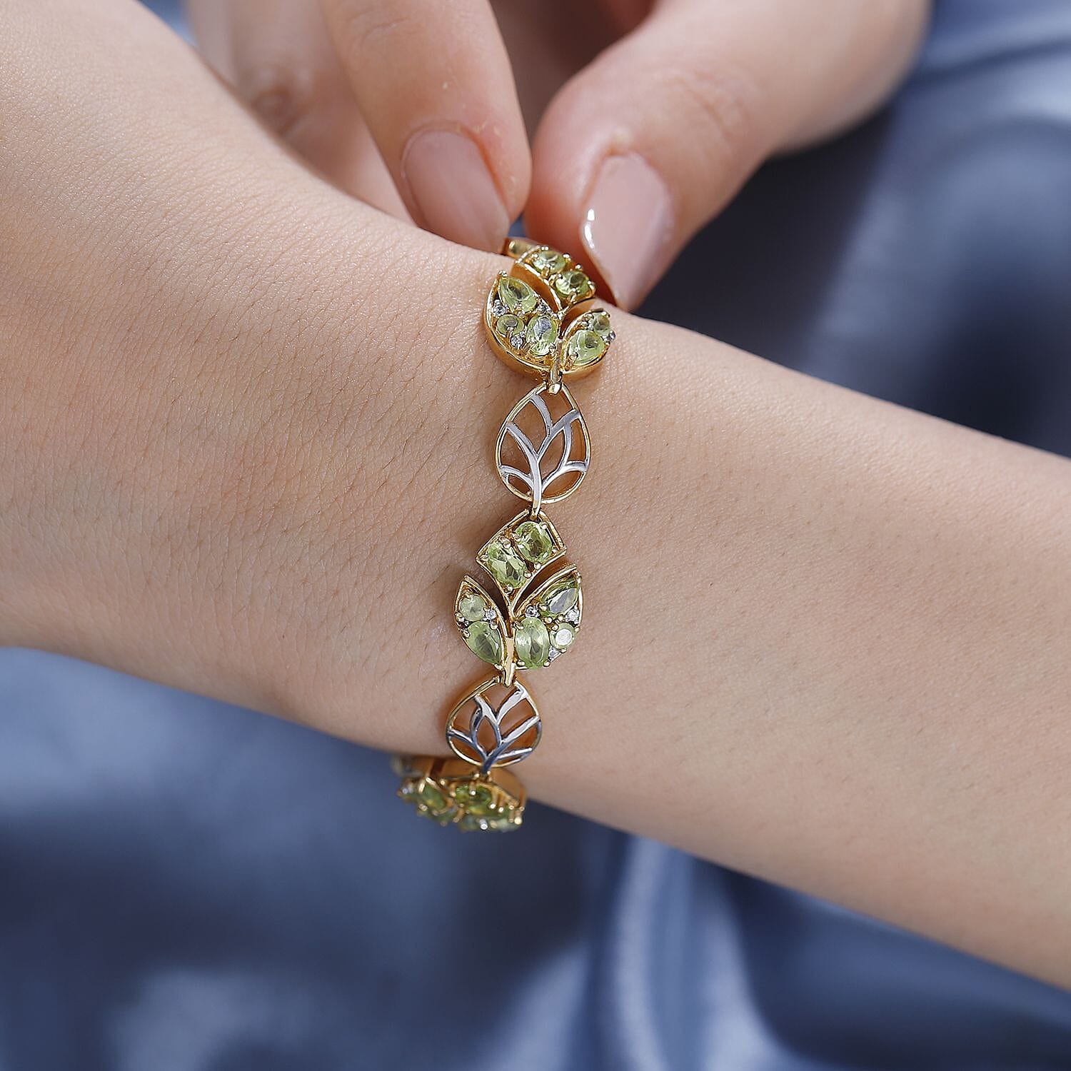 GP Italian Garden Collection -Natural Hebei Peridot ,  Blue Sapphire ,  White Zircon  Fancy Bracelet (Size - 7.5)  in  18K Vermeil Overlay  Sterling Silver,  Silver Wt. 19.56 Gms  7.210  Ct.
