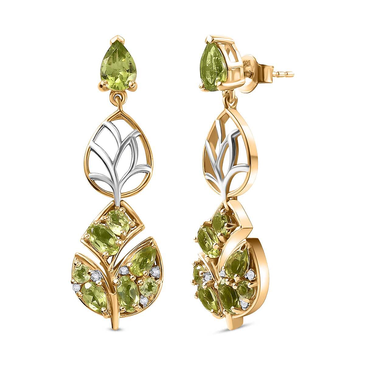 GP Italian Garden Collection - Natural Hebei Peridot ,  Blue Sapphire ,  White Zircon  Dangling Earring in 18K Vermeil YG and Platinum Plated Sterling Silver 3.76 ct,  Silver Wt. 5.48 Gms  4.304  Ct.