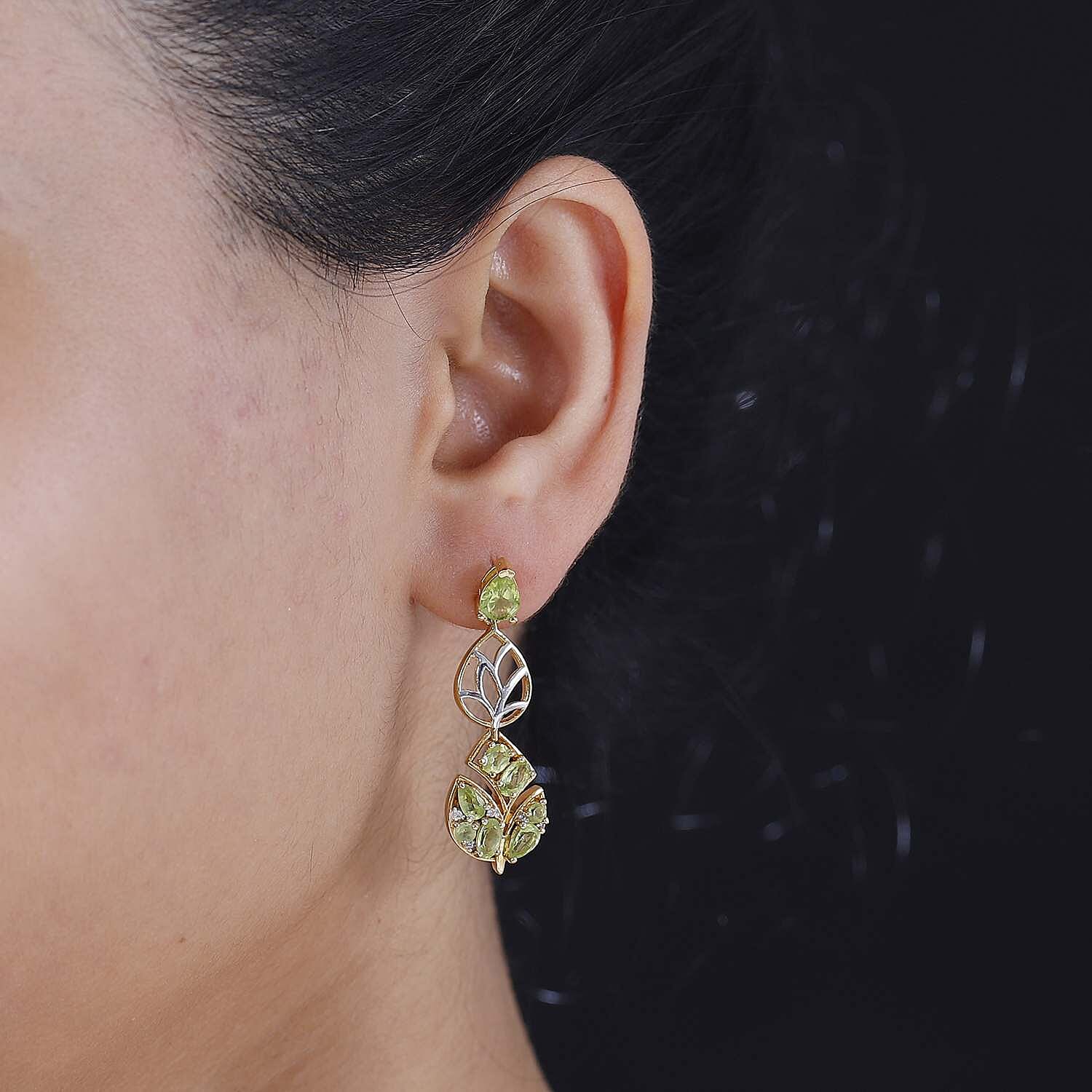 GP Italian Garden Collection - Natural Hebei Peridot ,  Blue Sapphire ,  White Zircon  Dangling Earring in 18K Vermeil YG and Platinum Plated Sterling Silver 3.76 ct,  Silver Wt. 5.48 Gms  4.304  Ct.