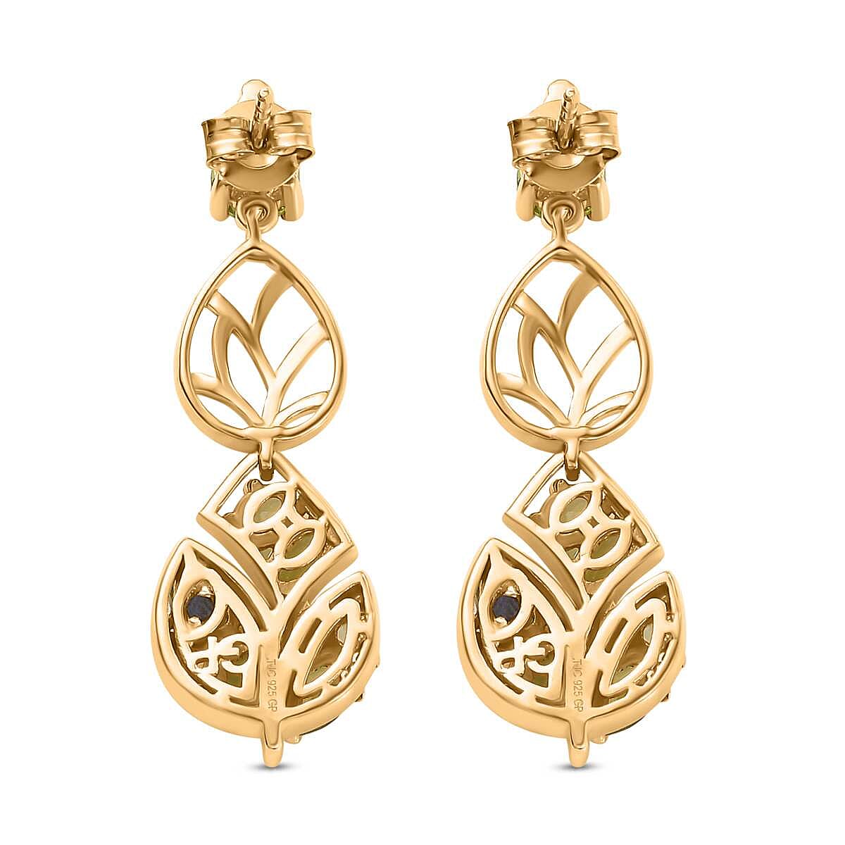 GP Italian Garden Collection - Natural Hebei Peridot ,  Blue Sapphire ,  White Zircon  Dangling Earring in 18K Vermeil YG and Platinum Plated Sterling Silver 3.76 ct,  Silver Wt. 5.48 Gms  4.304  Ct.