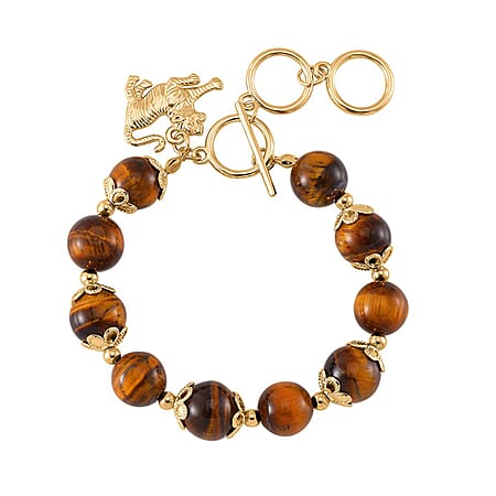 Tiger Eye Bracelet (Size - 7.5) With T Bar Clasp & Charm in Yellow Tone 150.00 Ct.