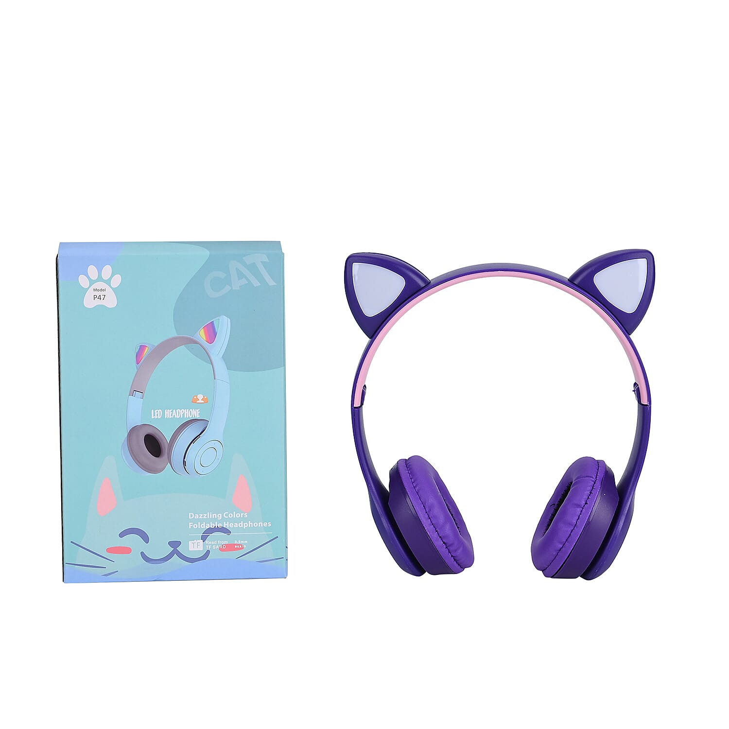 Bluetooth Wireless Cat Ears Headphone with Light - Purple  3hr Charge