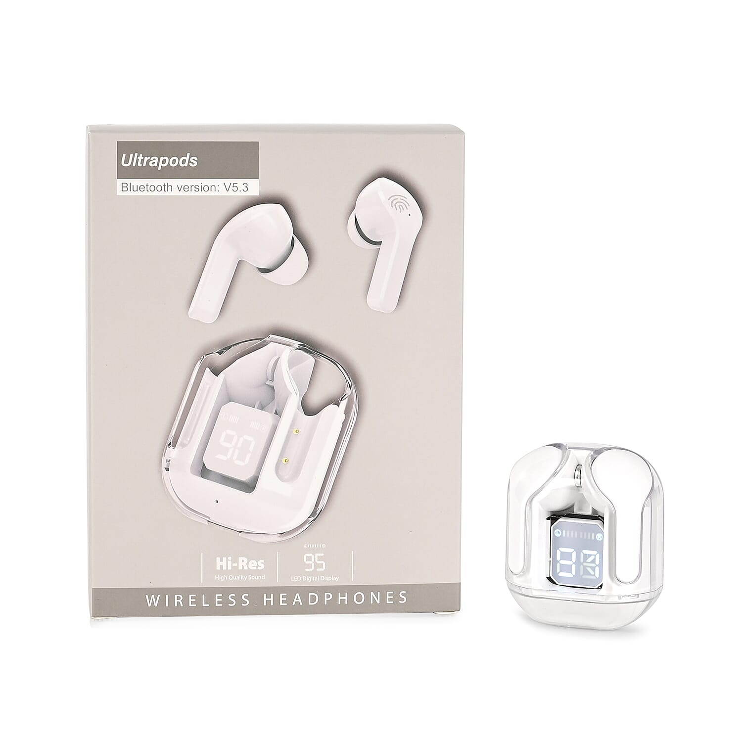 Wireless Bluetooth In-Ear Headphones With Digital LED Battery Display-- White