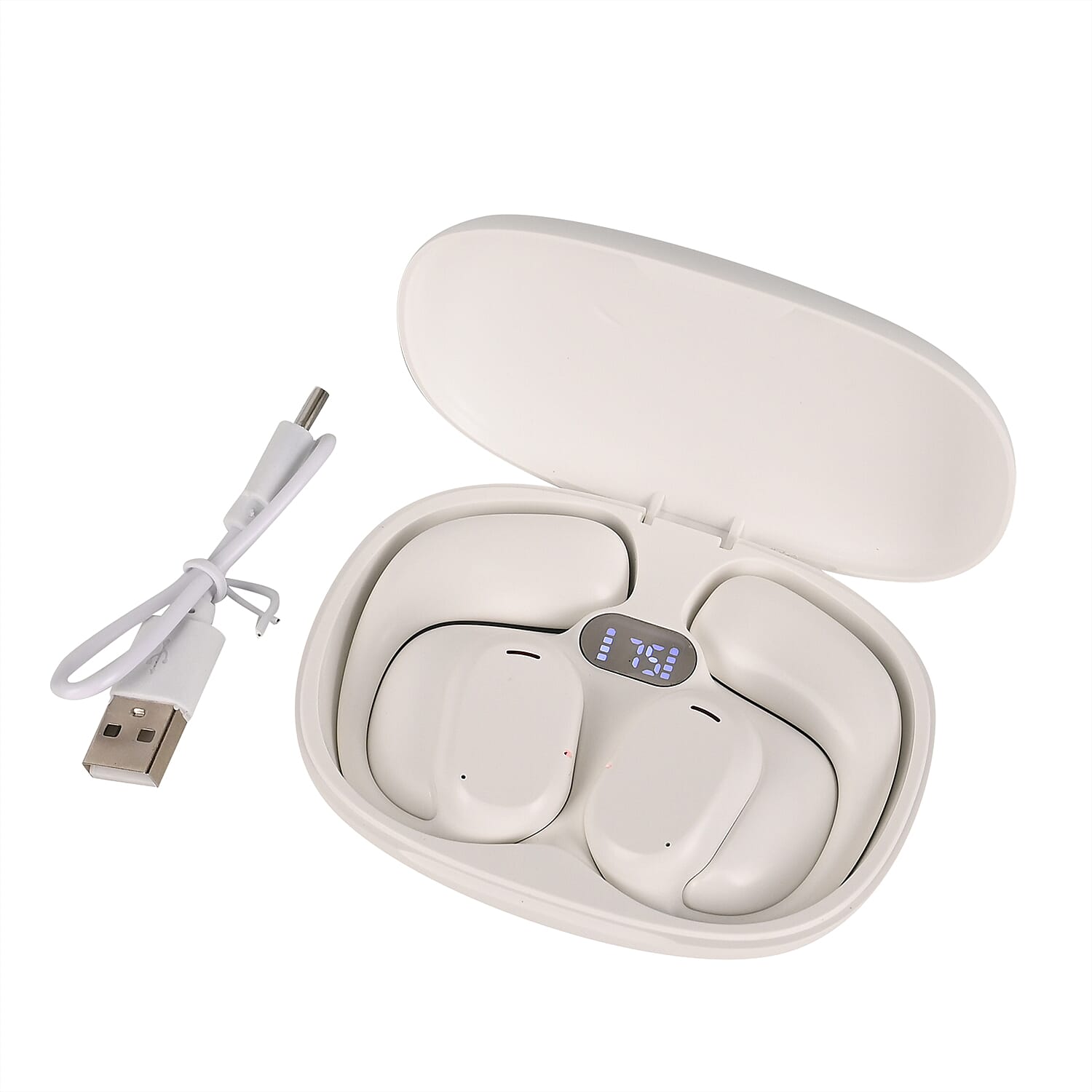 Bone Shape Wireless Earphone with Battery display and In-Ear Headphone- White