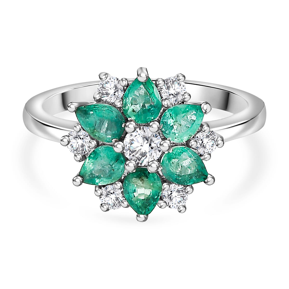D'Joy AAA Gemfields Emerald & Moissanite Ring in Rhodium Overlay Sterling Silver 1.31 Ct.