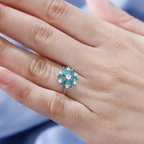 D'Joy AAA Gemfields Emerald & Moissanite Floral Halo Ring in Rhodium Overlay Sterling Silver 1.08 Ct.