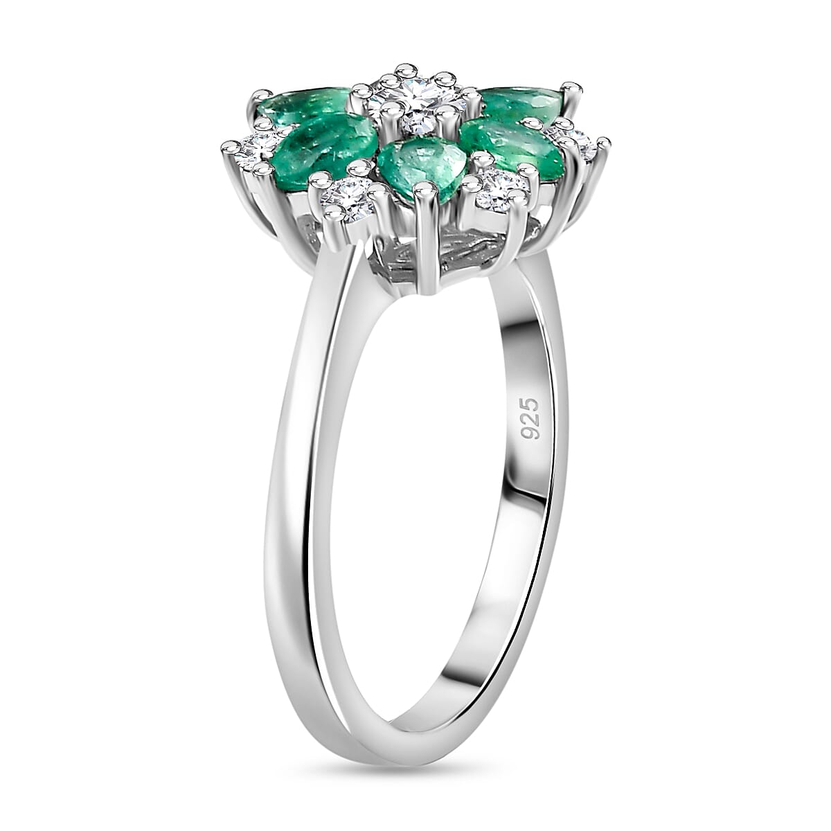 D'Joy AAA Gemfields Emerald & Moissanite Ring in Rhodium Overlay Sterling Silver 1.31 Ct.