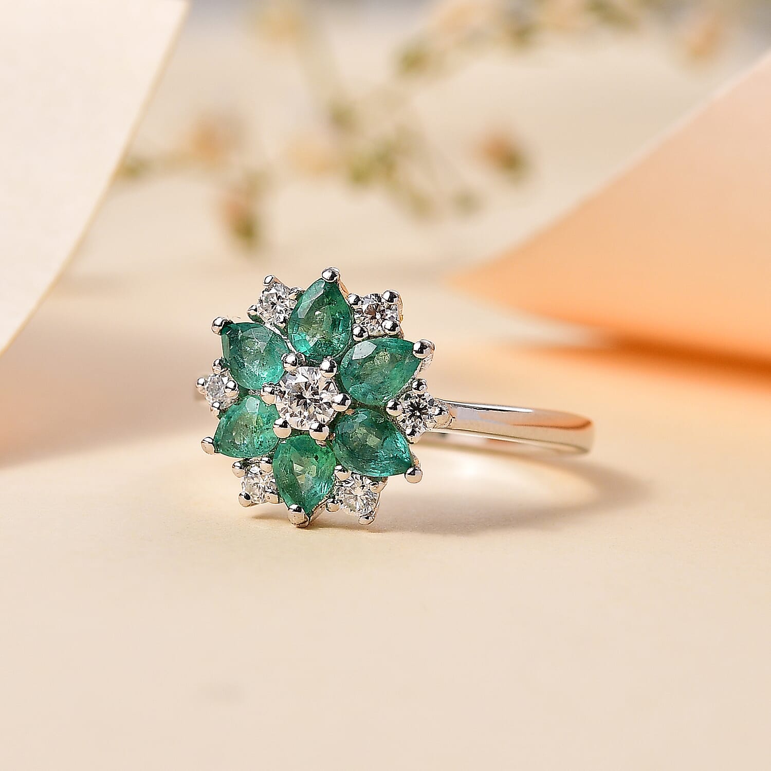 AAA Gemfields Emerald and Moissanite Floral Ring in Rhodium Overlay Sterling Silver 1.31 Ct