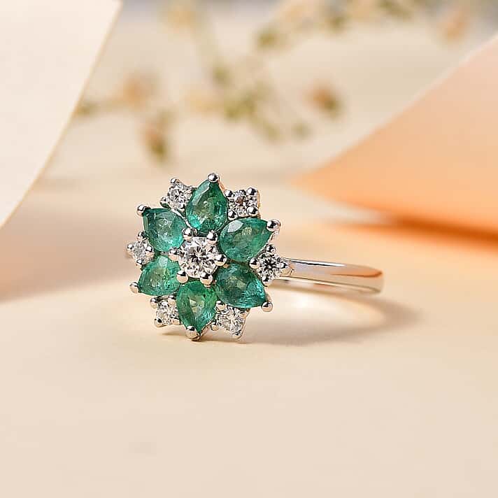 AAA Gemfields Emerald and Moissanite Floral Ring in Rhodium Overlay Sterling Silver 1.31 Ct