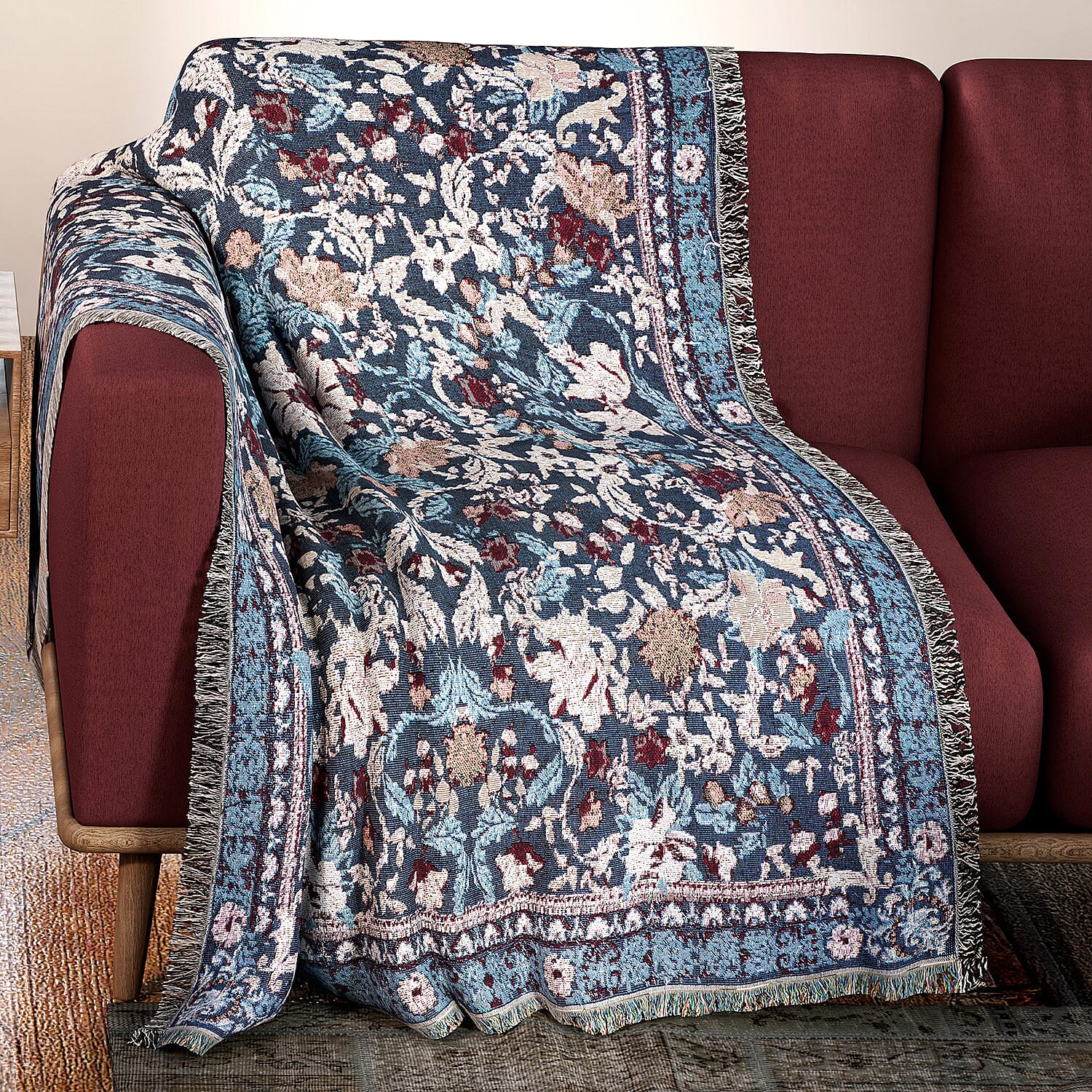 Soft Woven Jacquard Couch Throw - Wall Hanging (Size 152x127cm) - Blue