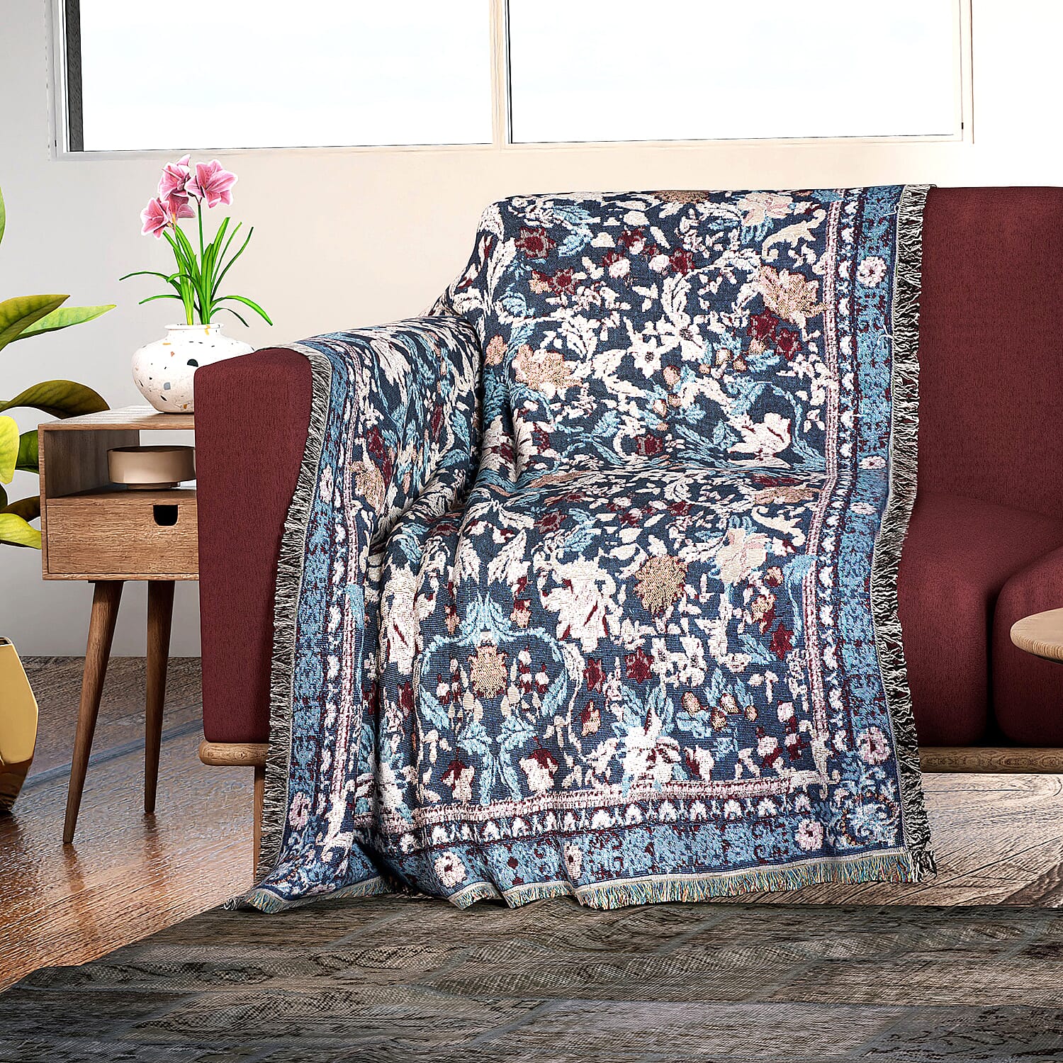 Soft Woven Jacquard Couch Throw - Wall Hanging (Size 152x127cm) - Blue