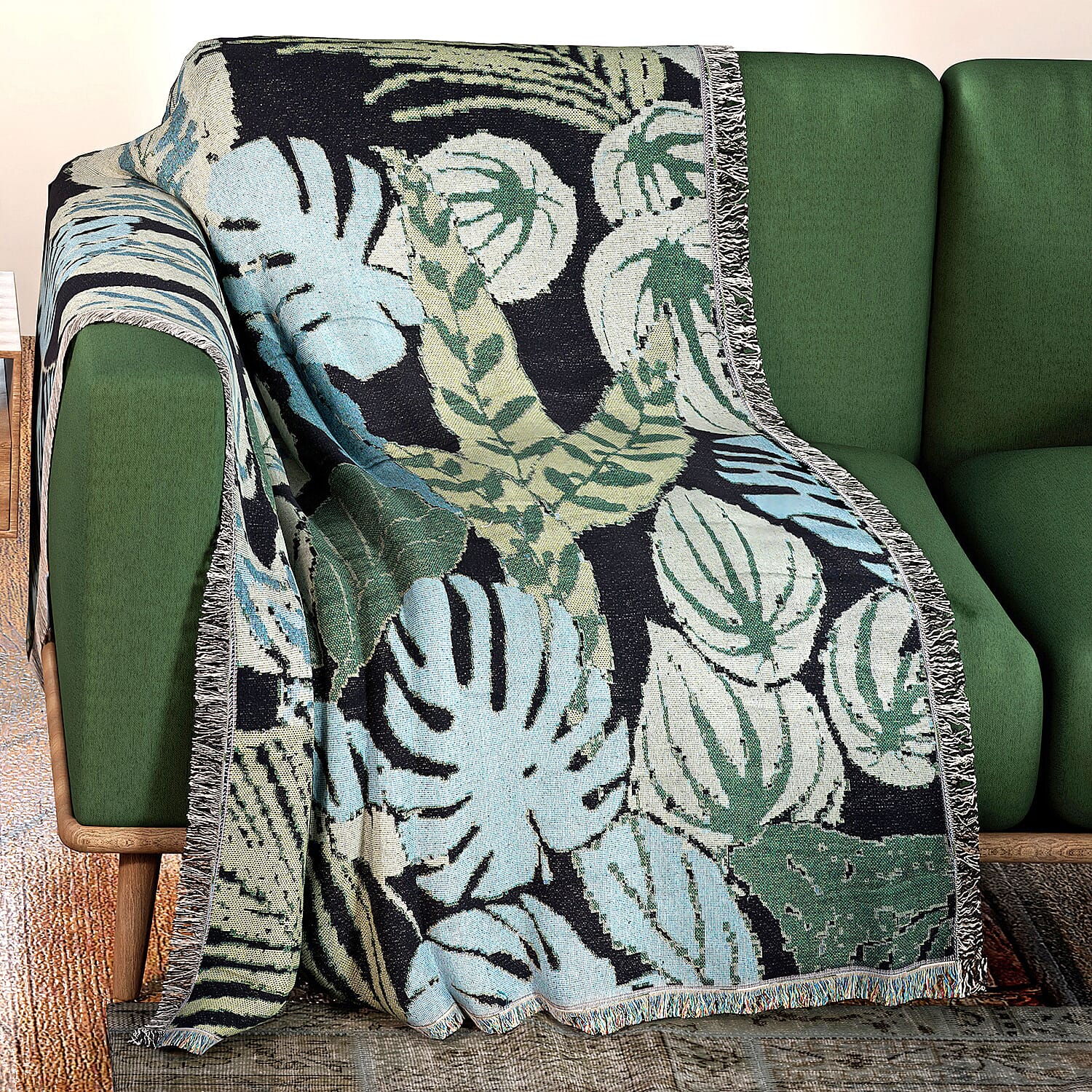 Soft Woven Jacquard Couch Throw - Wall Hanging (Size 152x127cm) - Green