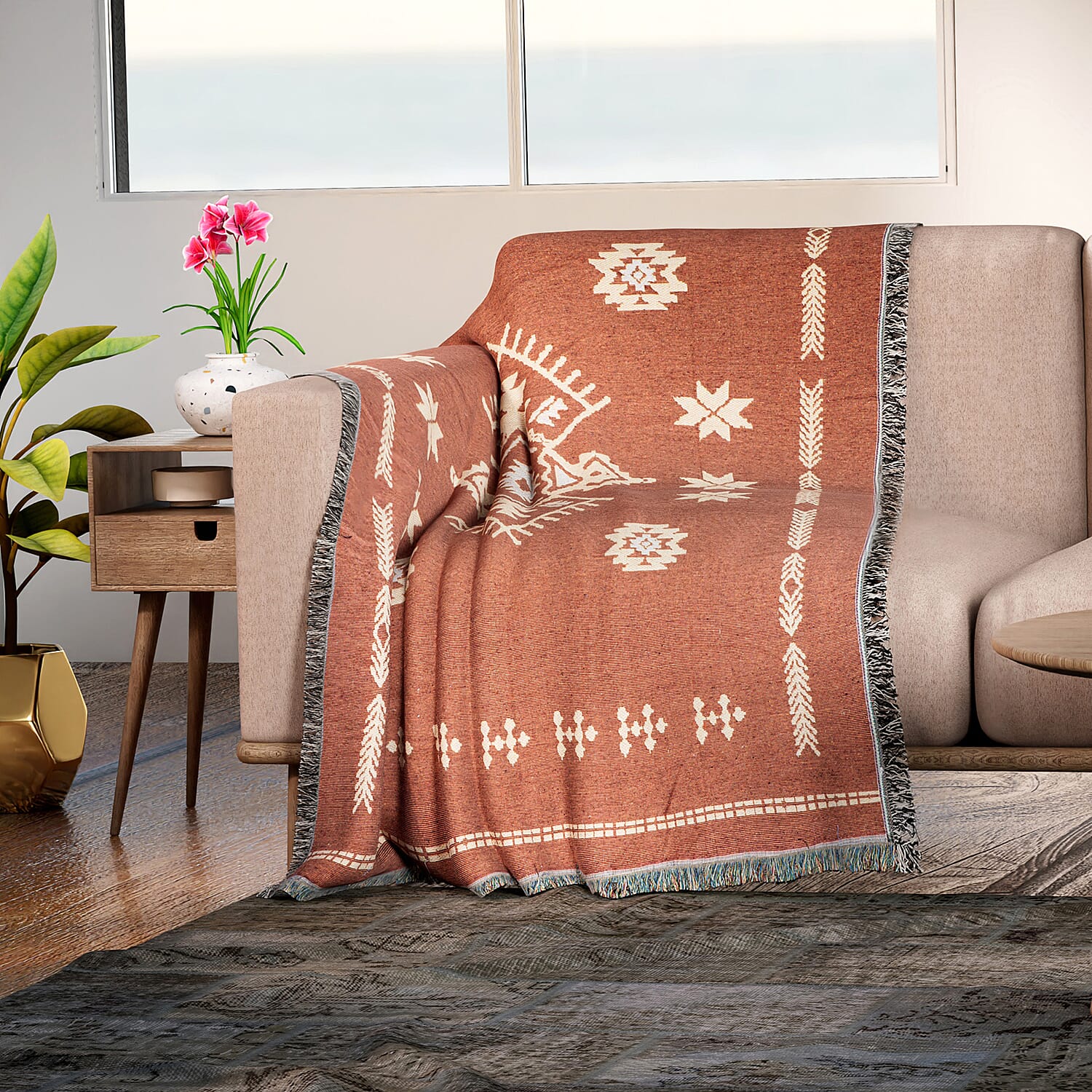 Soft Woven Jacquard Couch Throw - Wall Hanging (Size 152x127cm) - Orange