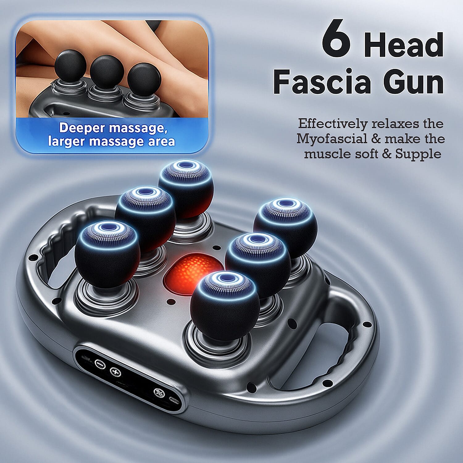 SoulSmart 6 Heads Massager with 9 intensity levels  Powered by 2000mAh Battery Promotes Blood Circulation, Eases Muscle Tension & Vanquishes Fatigue (Size 30x15 cm) - Grey