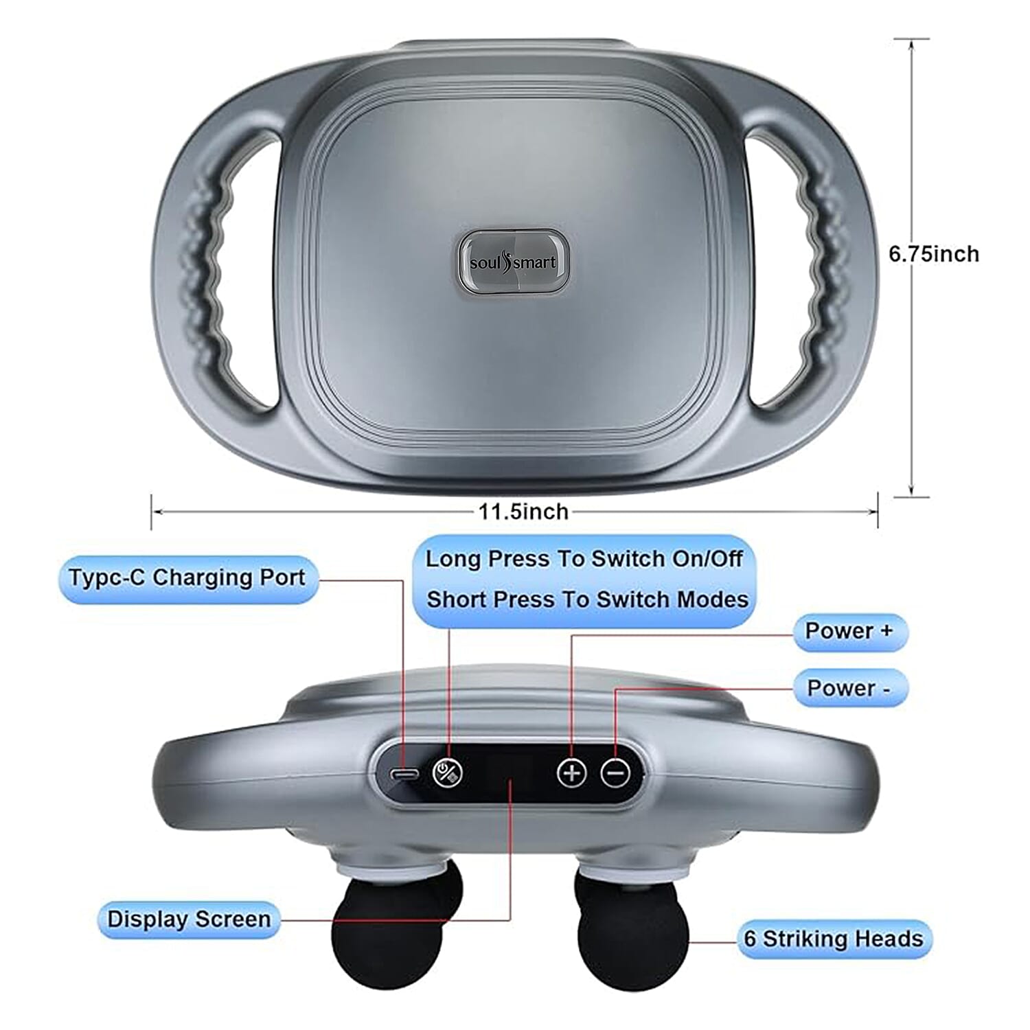 SoulSmart 6 Heads Massager with 9 intensity levels  Powered by 2000mAh Battery Promotes Blood Circulation, Eases Muscle Tension & Vanquishes Fatigue (Size 30x15 cm) - Grey