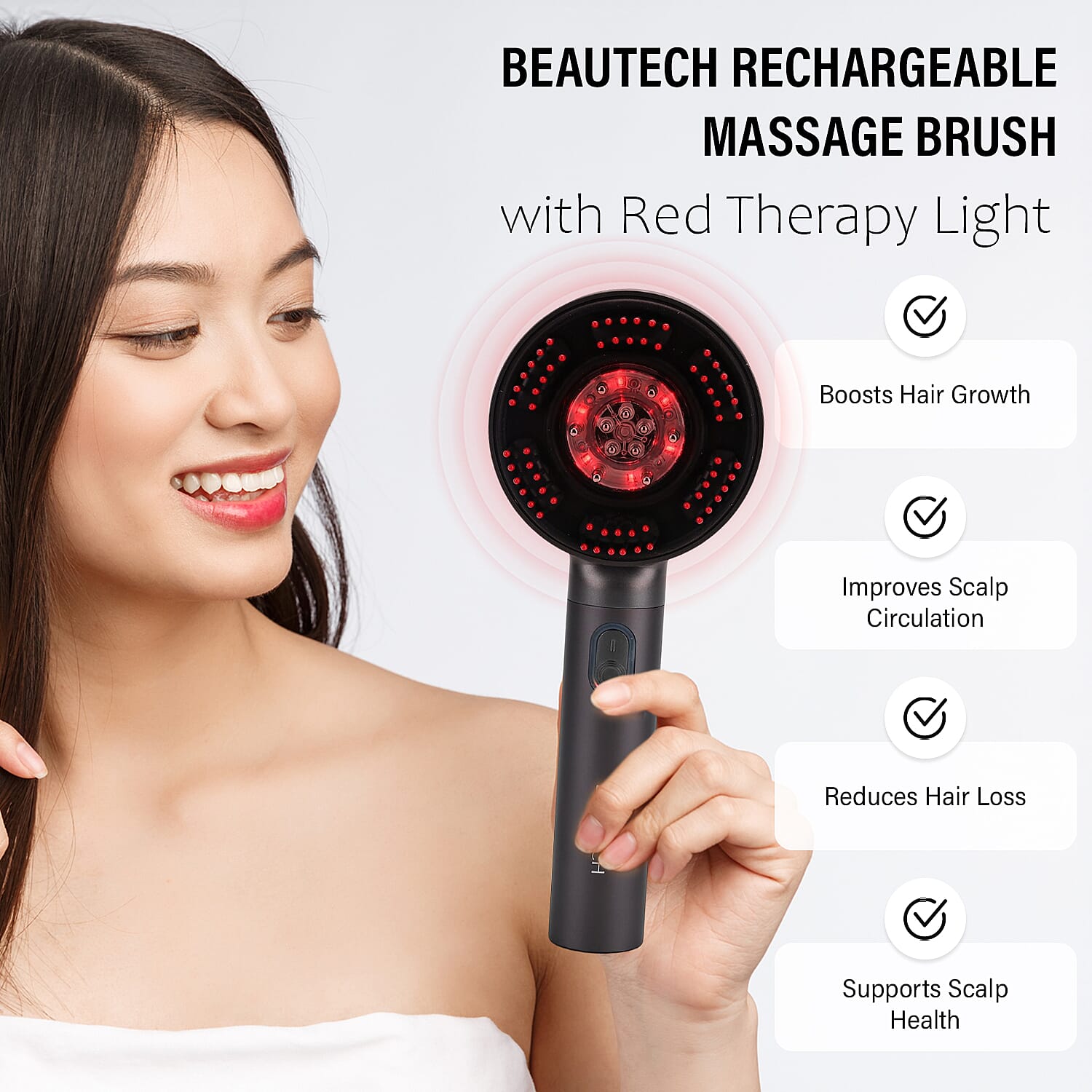 Beautech - EMS Scalp Massaging Brush with Red Light Therapy stimulates hair growth by boosting blood flow to follicles, leading to thicker hair and reducing hair loss