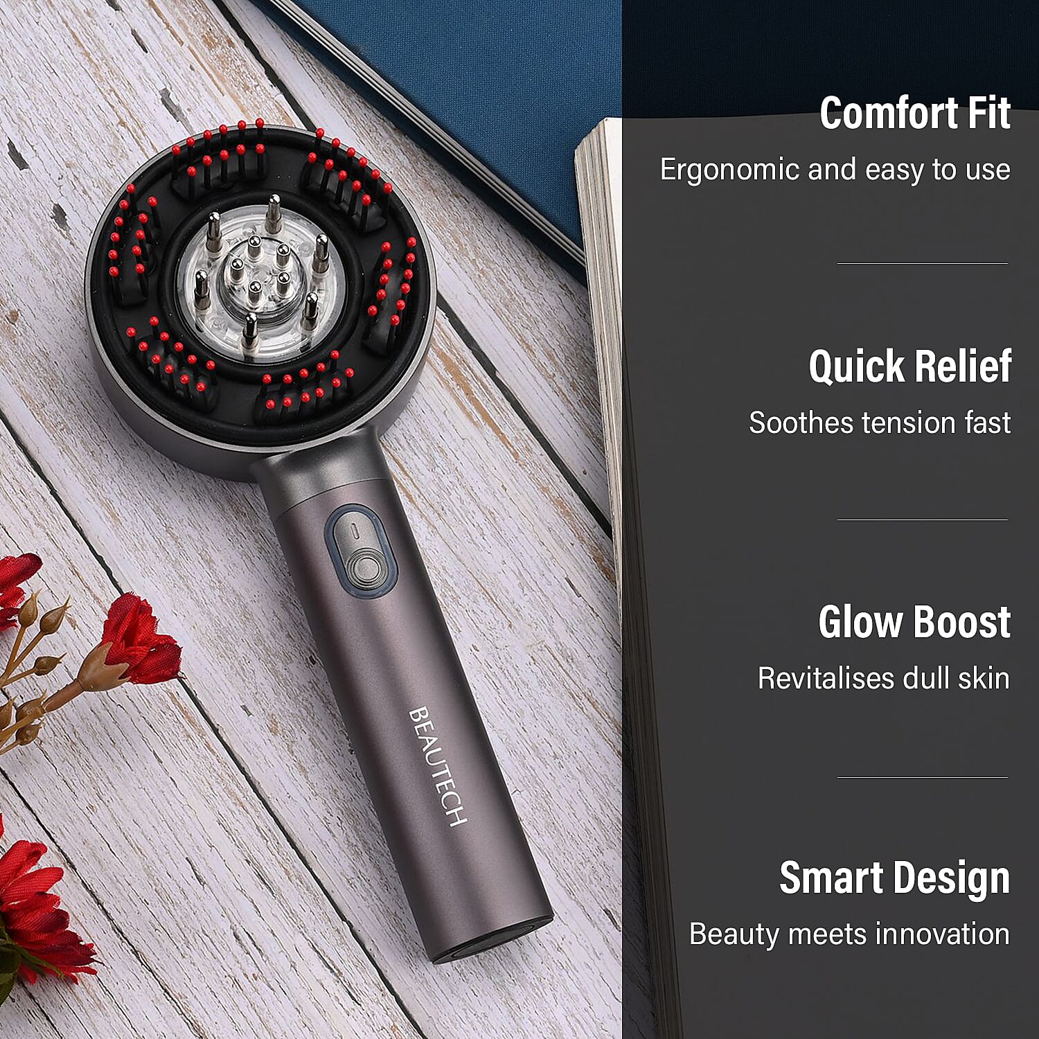 Beautech - EMS Scalp Massaging Brush with Red Light Therapy stimulates hair growth by boosting blood flow to follicles, leading to thicker hair and reducing hair loss