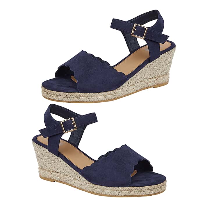 Shoes by Emma Ladies Nicola Wedge Sandal with Scallop and Buckle Strap (Size 5) - Navy