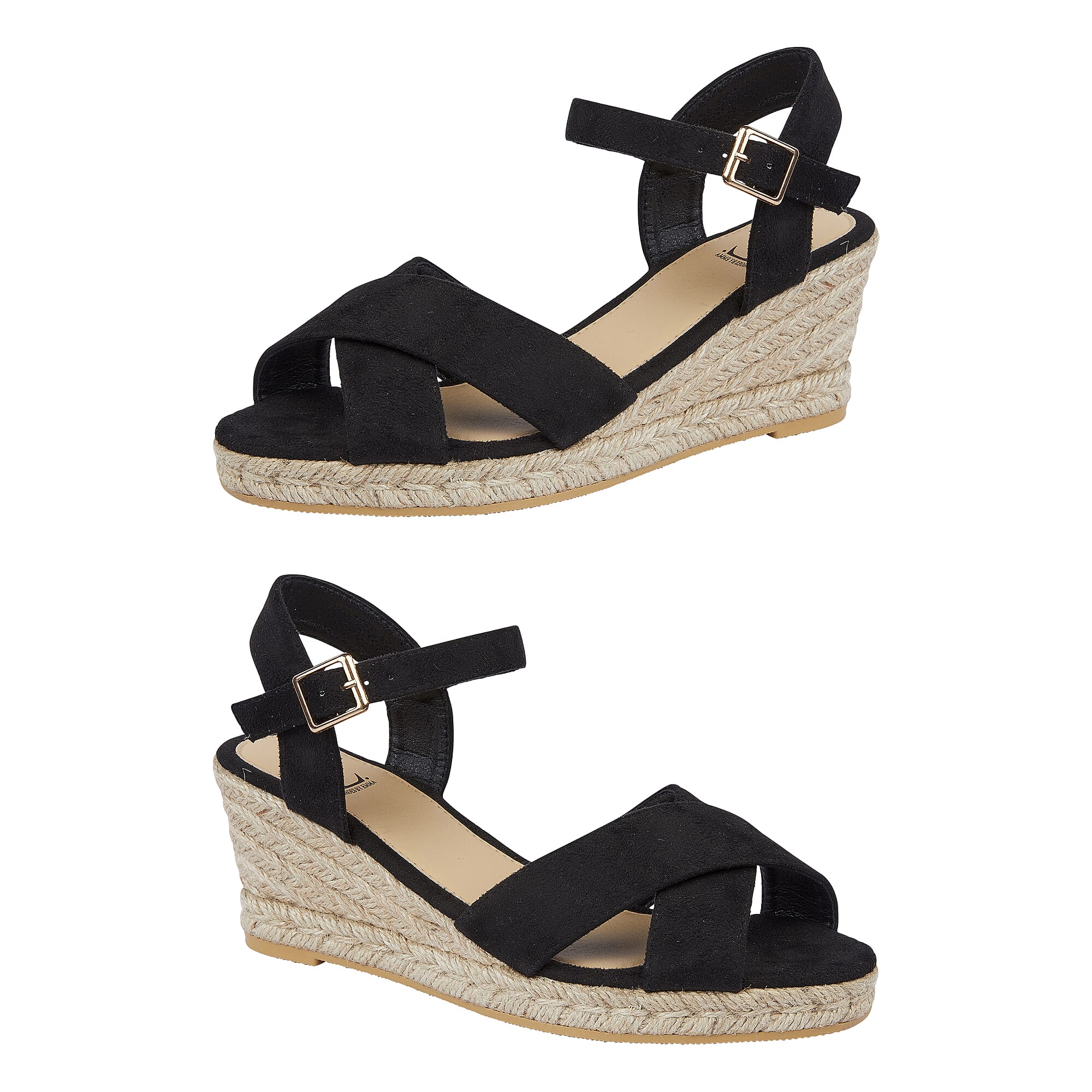  Shoes by Emma Ladies MALIBU Hessian Wedge Sandal with Cross Over Front and Buckle  - Black